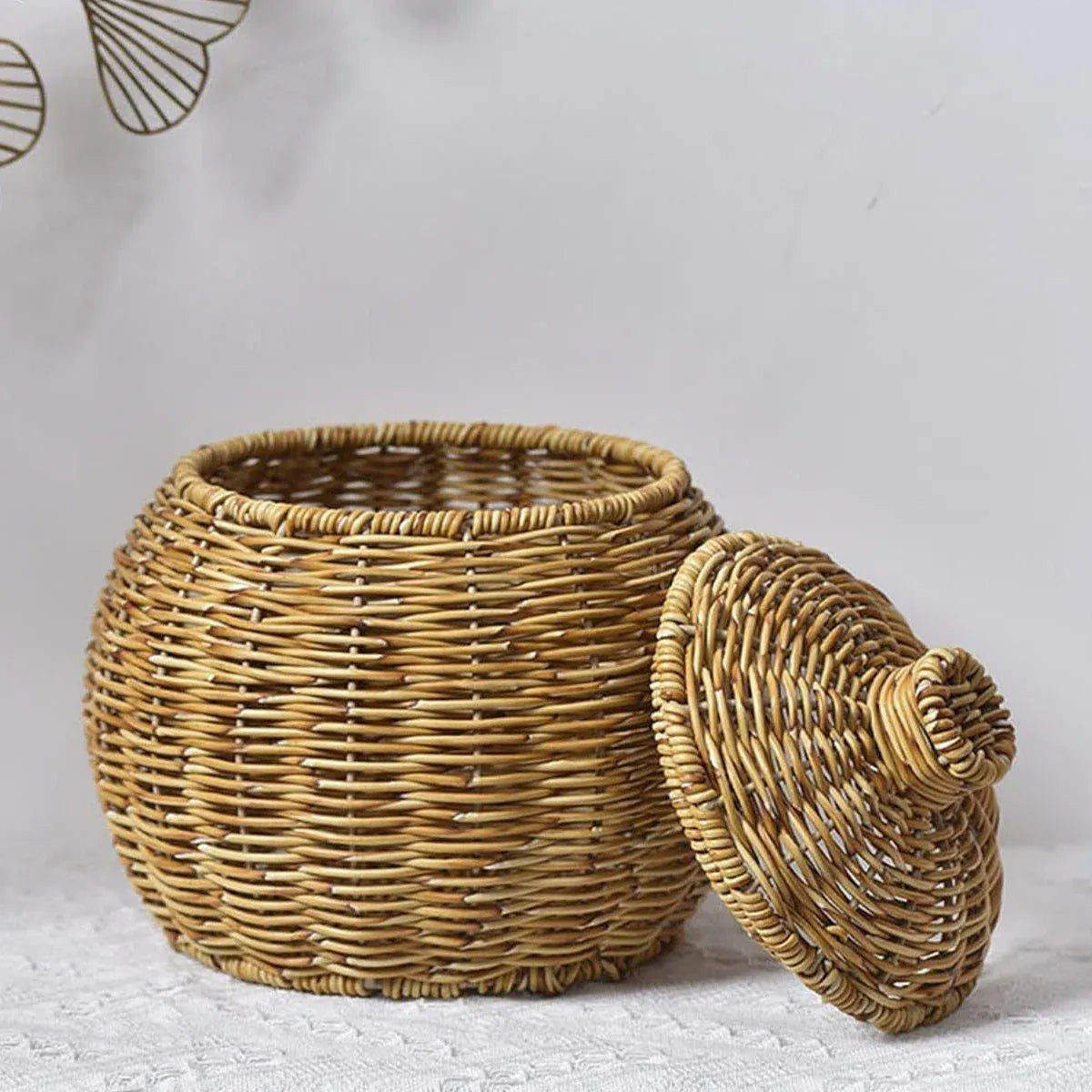 Hand Woven Storage Container with Lid Tabletop Basket Sundries Holder Organizer - Without Legs