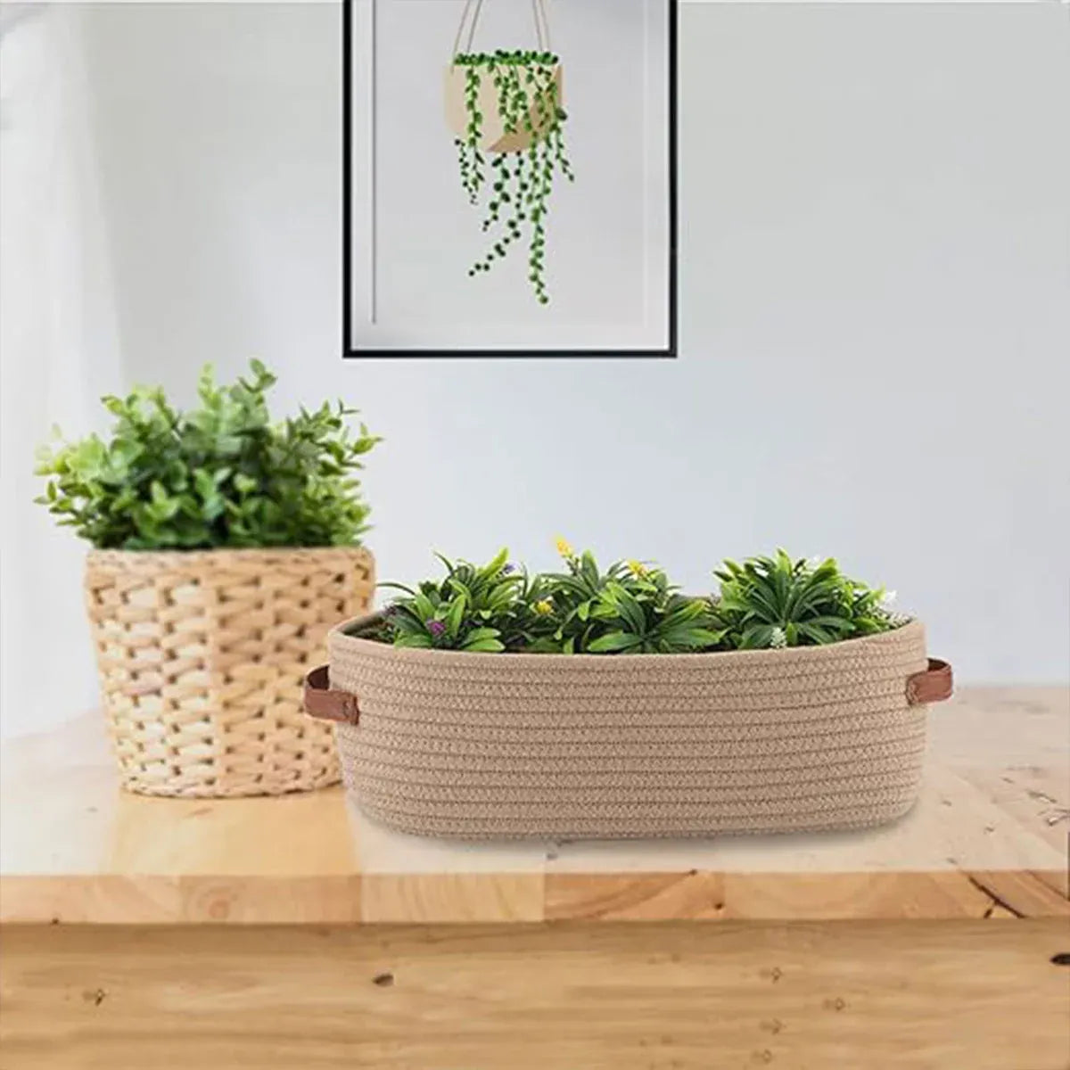 Oval Storage Basket with Handles Shelf Organiser Bin Laundry Toy Container - Khaki