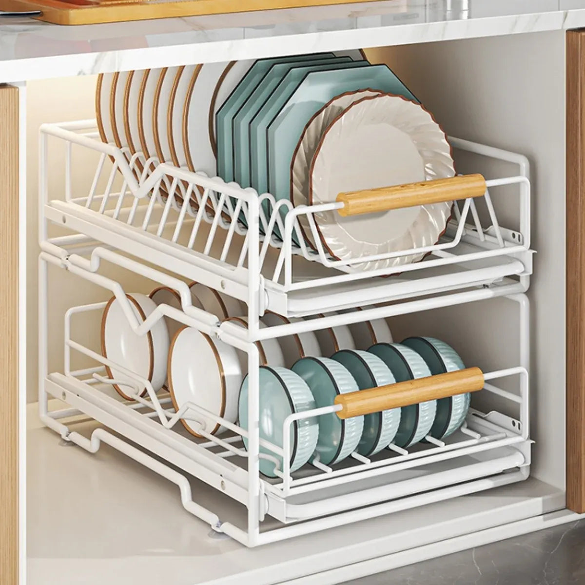 Pull Out Storage Rack Kitchen Dish Bowl Organiser Carbon Steel 40 x 30 x 13cm - Bowl Rack