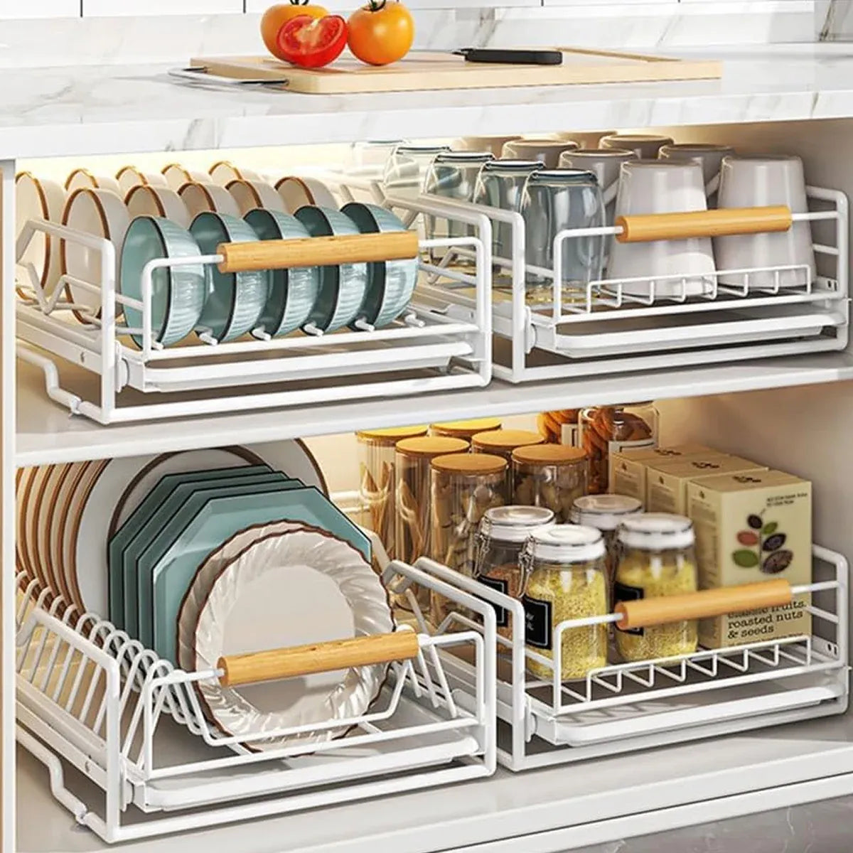 Pull Out Storage Rack Kitchen Dish Bowl Organiser Carbon Steel 40 x 30 x 13cm - Bowl Rack