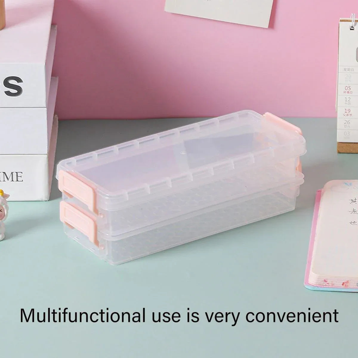 3PCS Clear Plastic Desktop Storage Box 2 Layer Holder DIY Stationery Pencil Case - Green