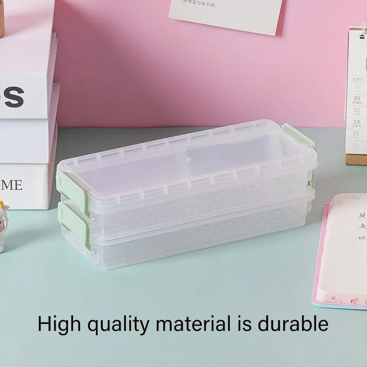 3PCS Clear Plastic Desktop Storage Box 2 Layer Holder DIY Stationery Pencil Case - Green