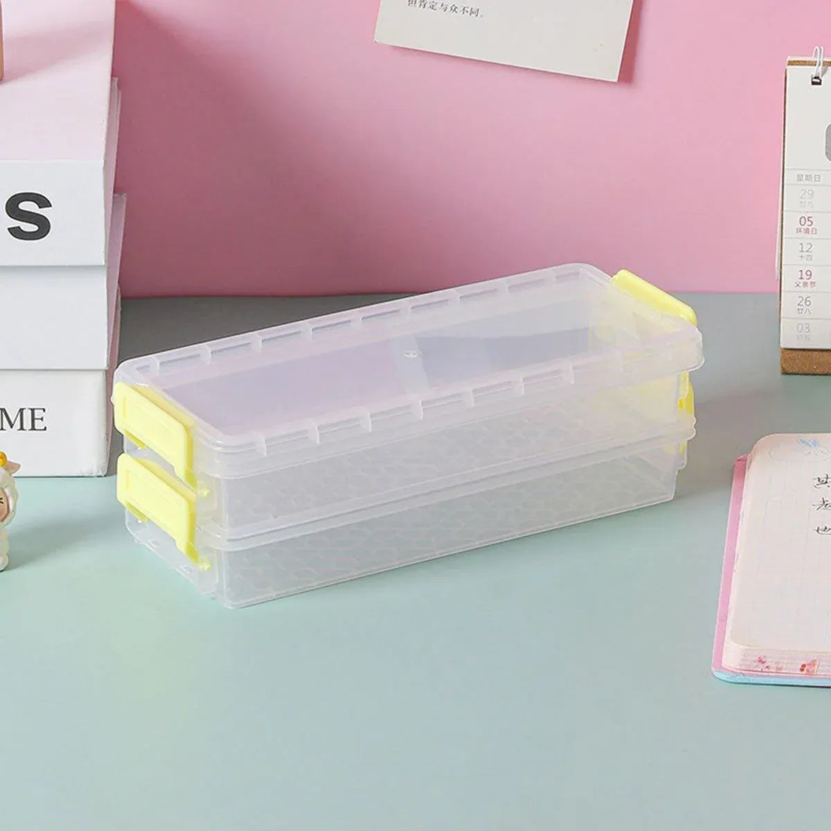 3PCS Clear Plastic Desktop Storage Box 2 Layer Holder DIY Stationery Pencil Case - Green