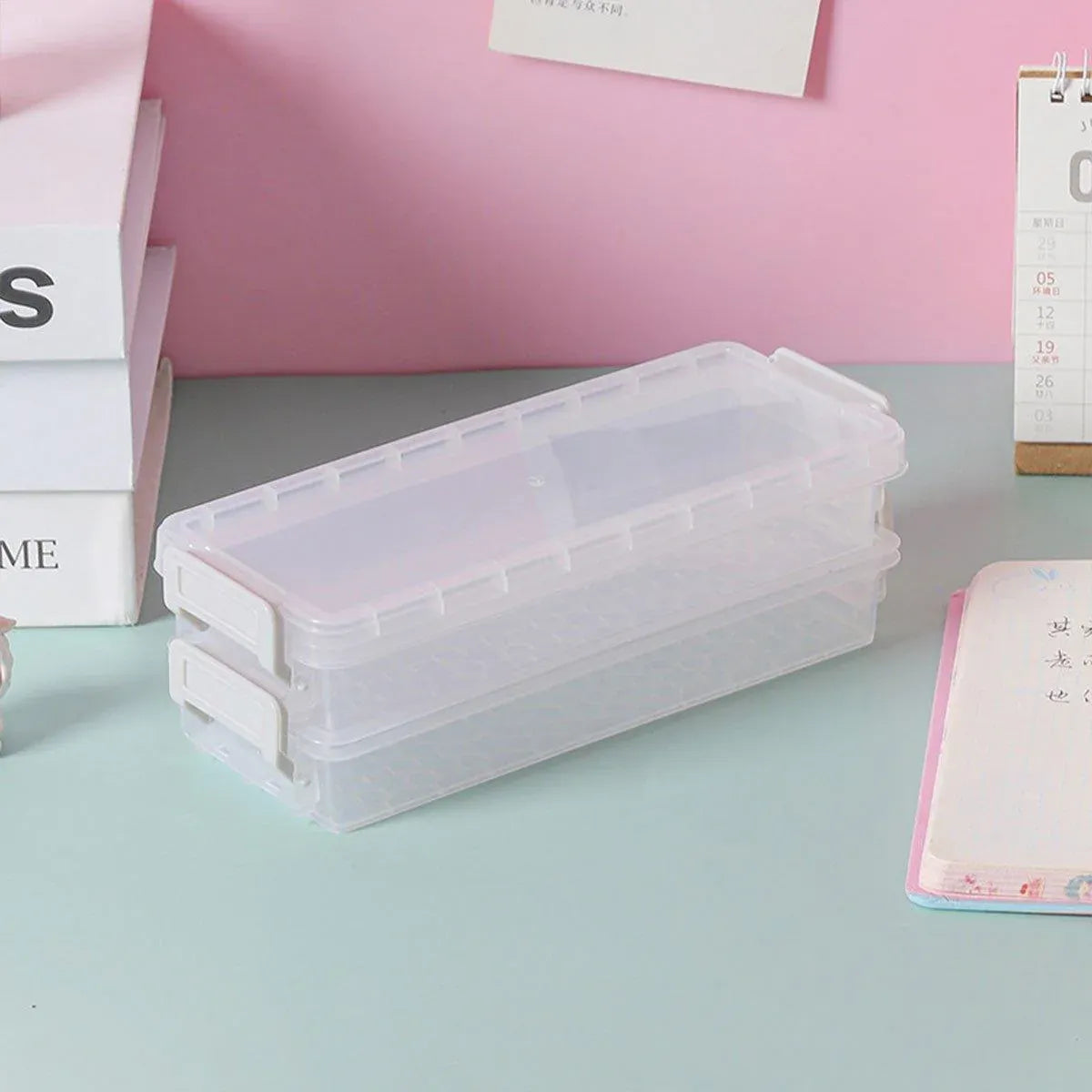 3PCS Clear Plastic Desktop Storage Box 2 Layer Holder DIY Stationery Pencil Case - Green