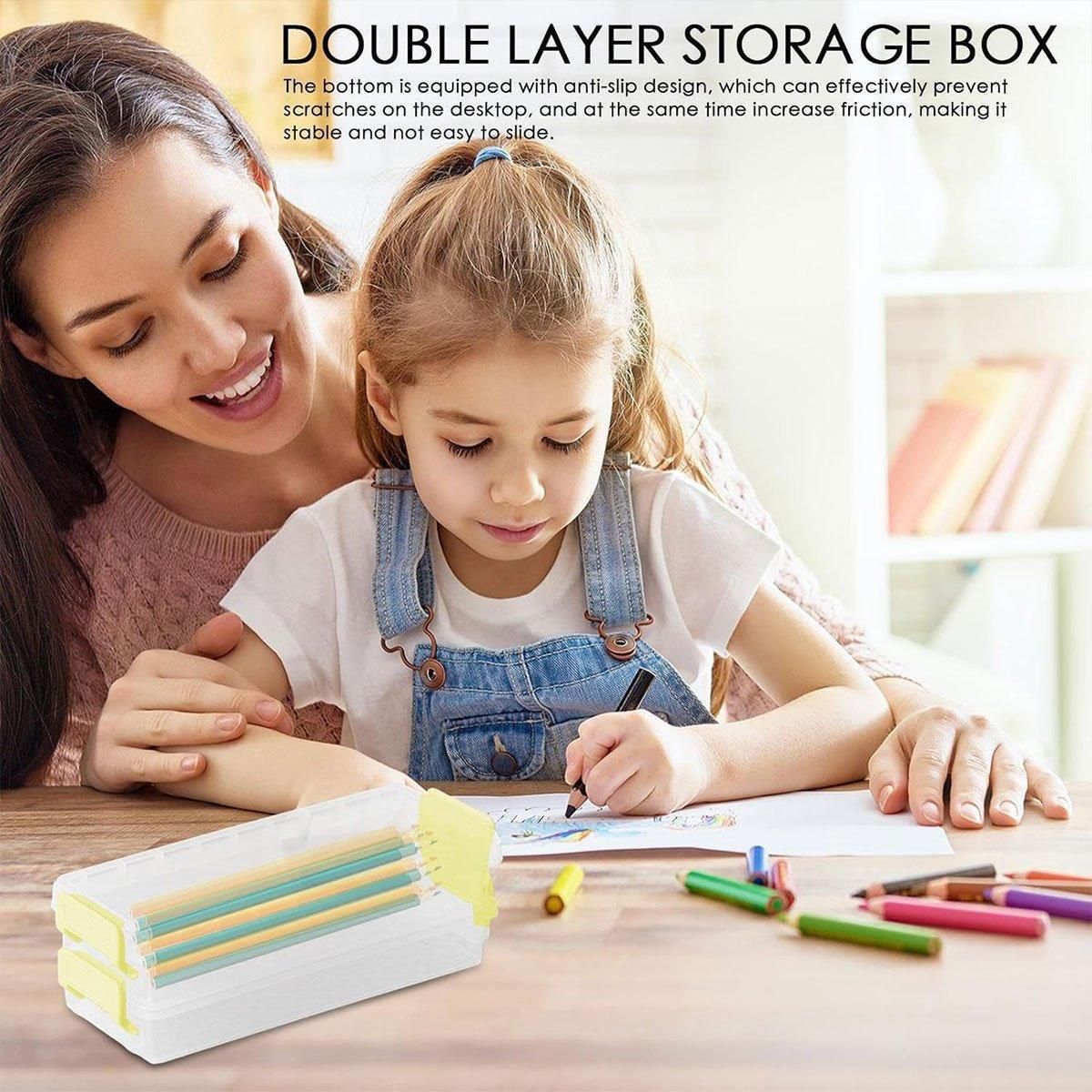 3PCS Clear Plastic Desktop Storage Box 2 Layer Holder DIY Stationery Pencil Case - Grey