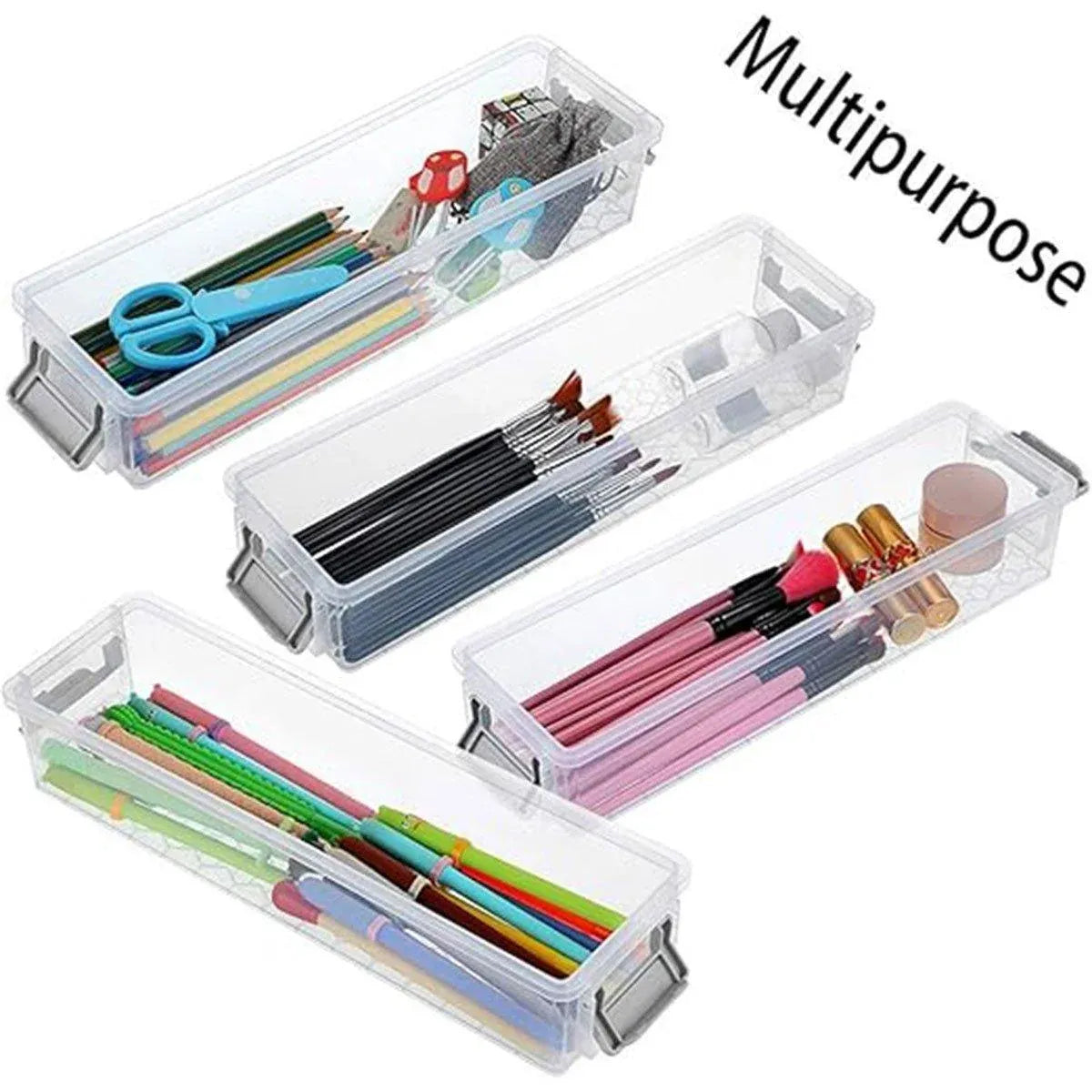 3PCS Clear Plastic Desktop Storage Box 2 Layer Holder DIY Stationery Pencil Case - Grey