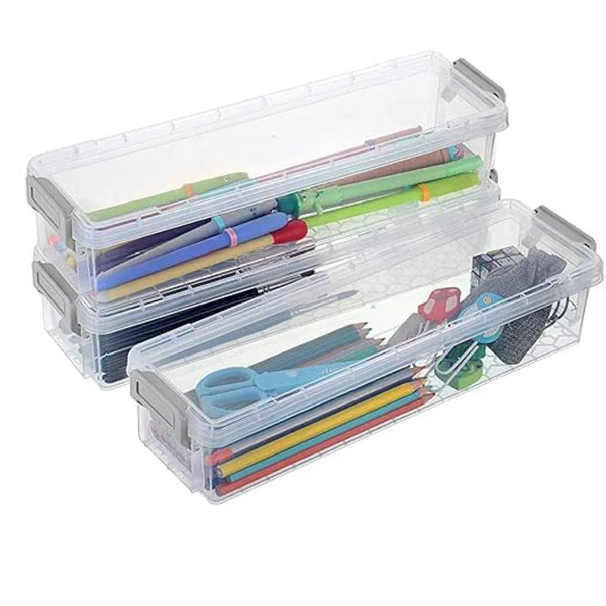 3PCS Clear Plastic Desktop Storage Box 2 Layer Holder DIY Stationery Pencil Case - Grey