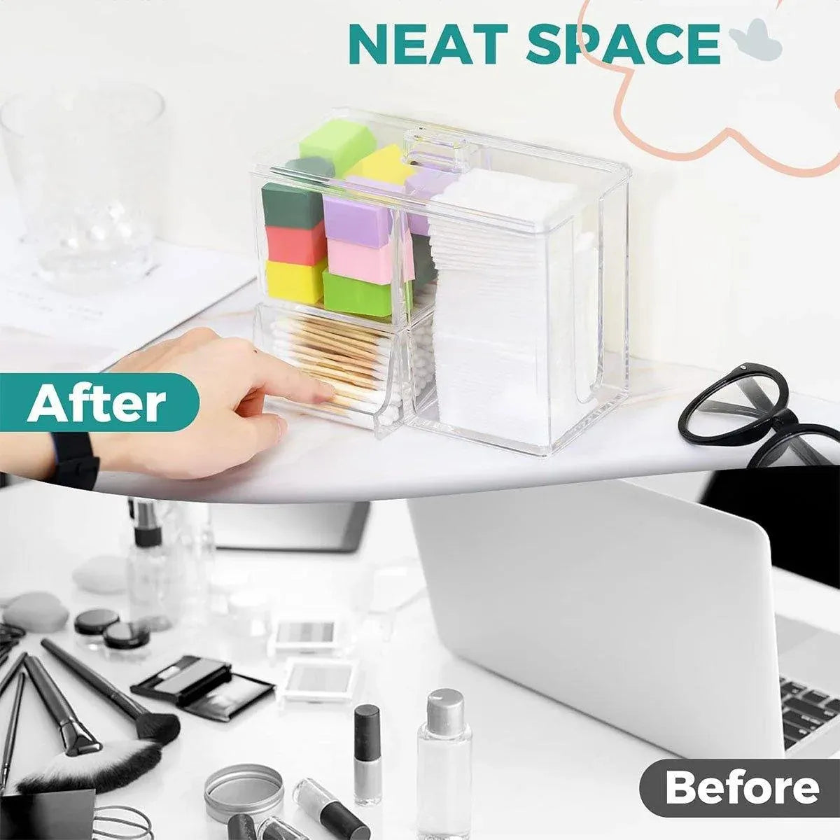 Clear Plastic Makeup Organizer Cotton Swab Storage Holder Compartment Vanity Box