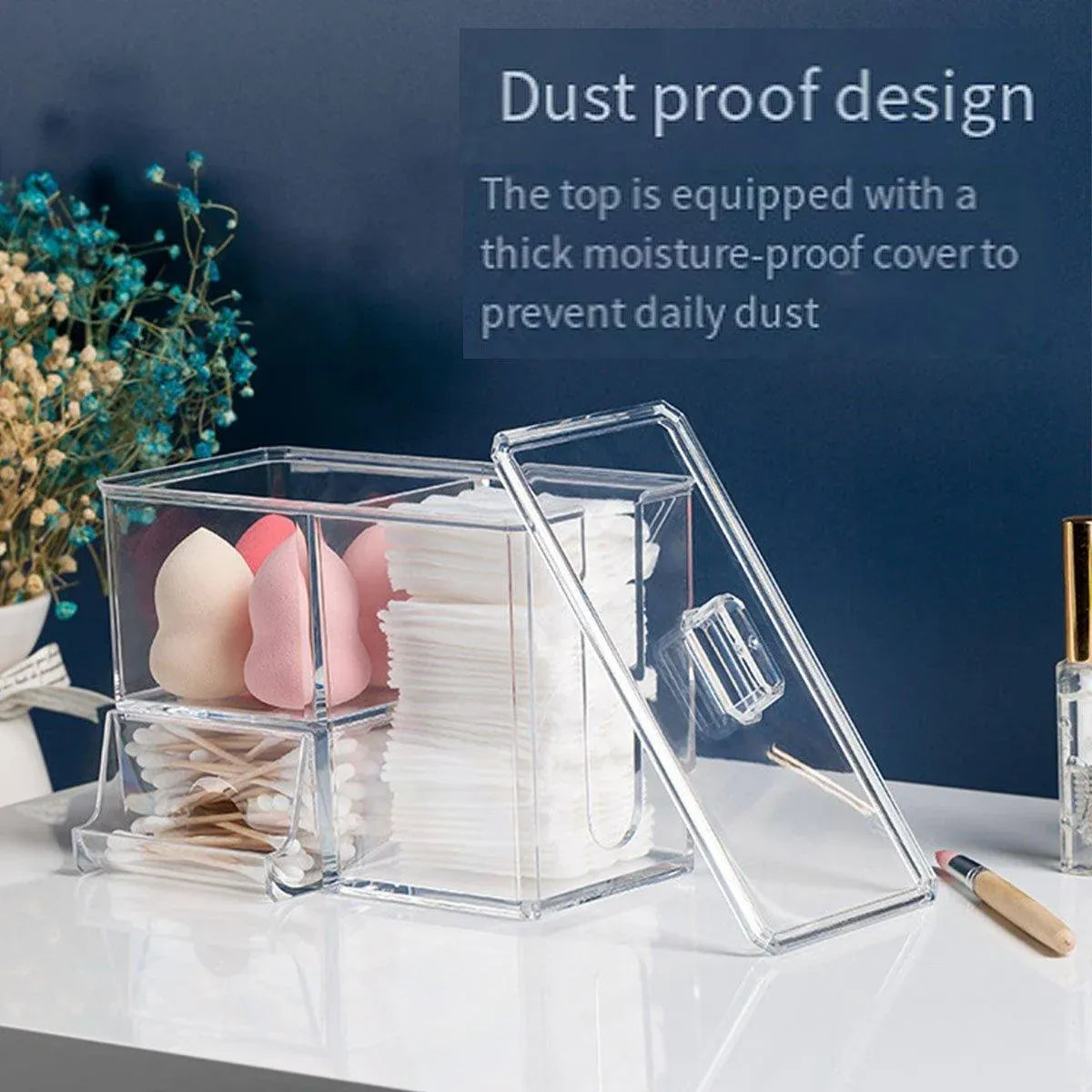 Clear Plastic Makeup Organizer Cotton Swab Storage Holder Compartment Vanity Box