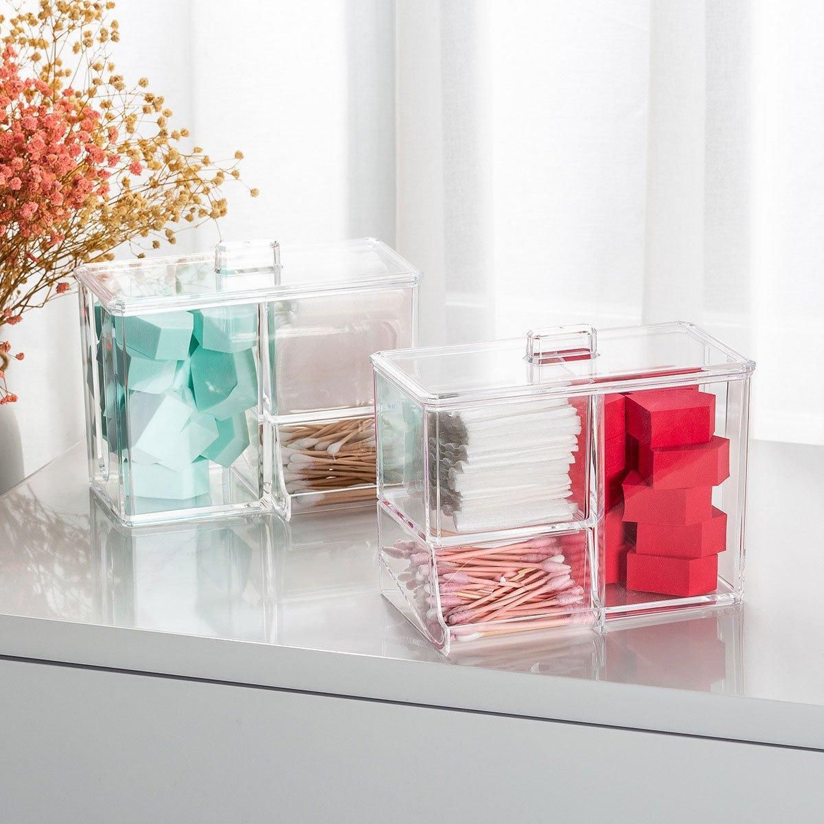 Clear Plastic Makeup Organizer Cotton Swab Storage Holder Compartment Vanity Box