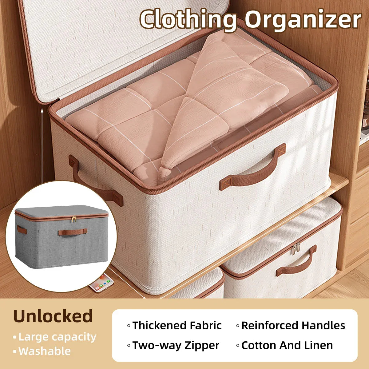 Clothing Storage Basket Large Capacity Foldable Organizer with Cover Household - Grey