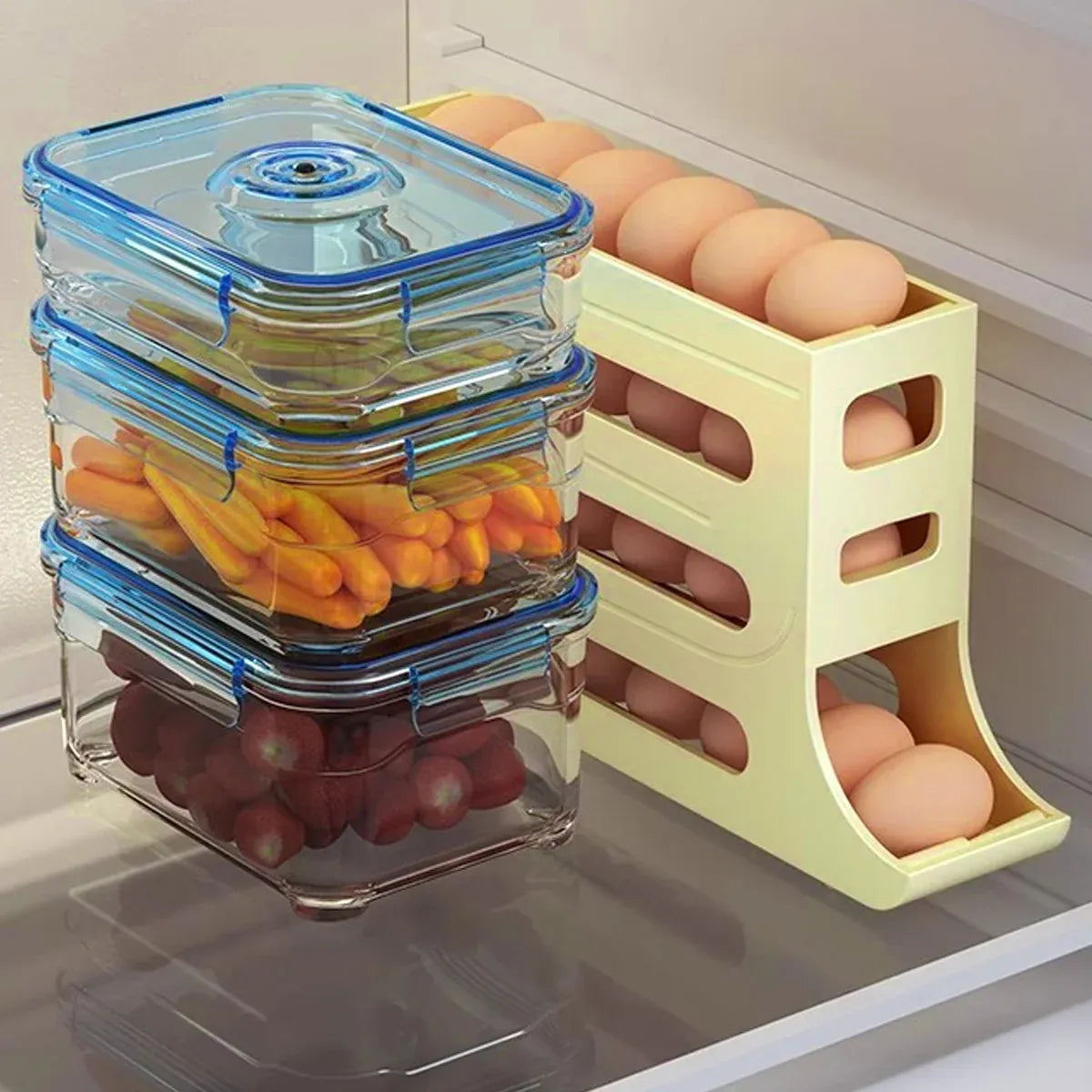 Automatic Scrolling Egg Holder 2/4-Tier Storage Box Container for Refrigerator - White (4-Tier)