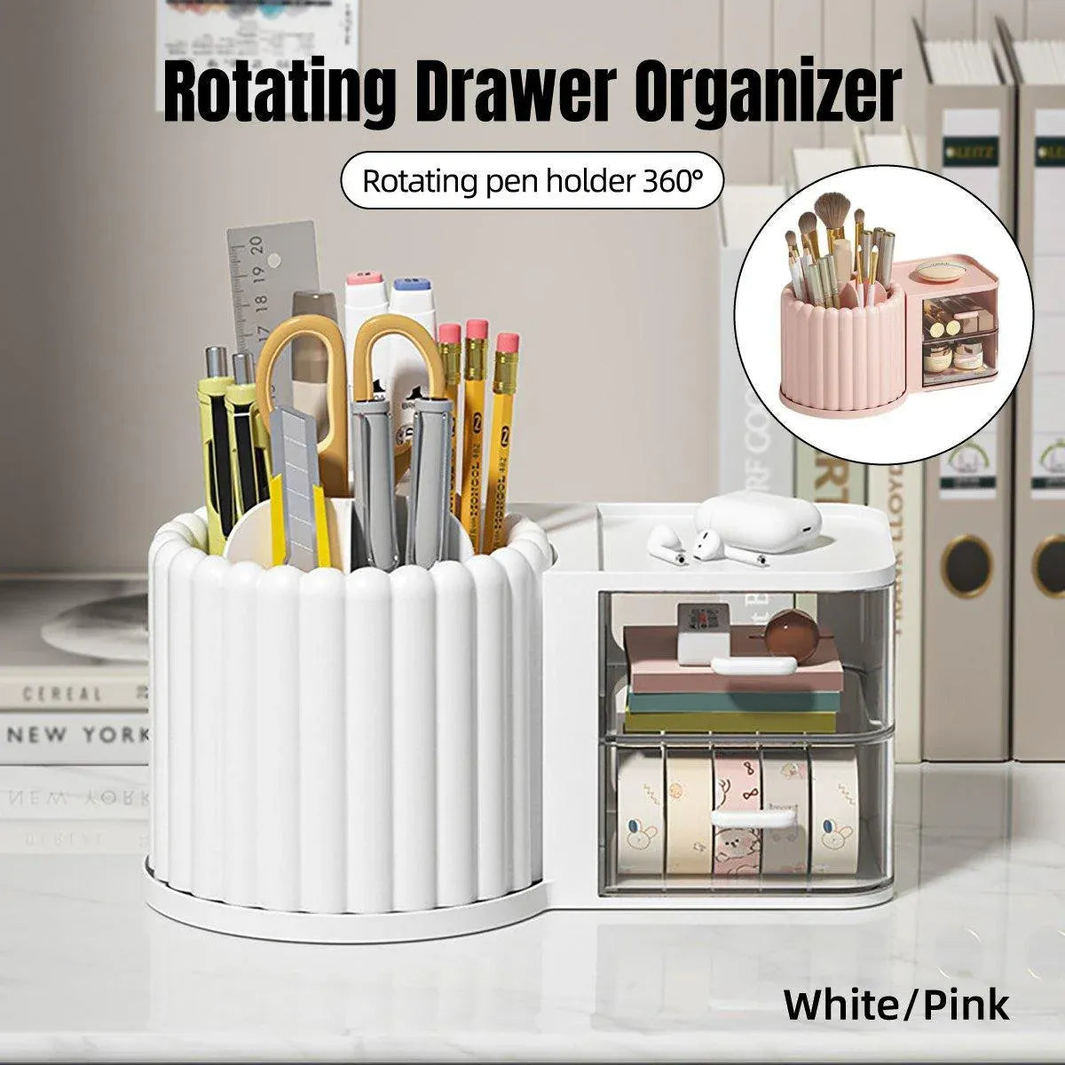 Rotating Cosmetic Pen Holder Dustproof Waterproof Storage Box Sanitary Organizer - White