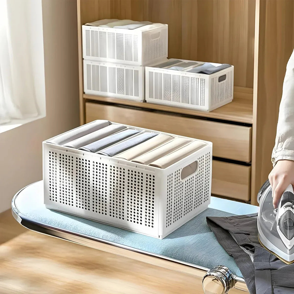 Collapsible Storage Basket with Layered Dividers Durable Plastic Foldable - XL