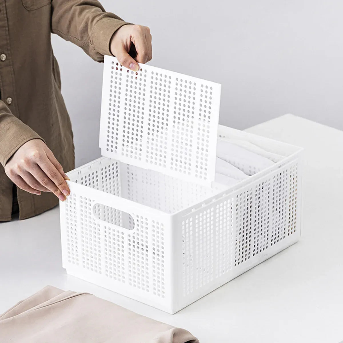 Collapsible Storage Basket with Layered Dividers Durable Plastic Foldable - XL