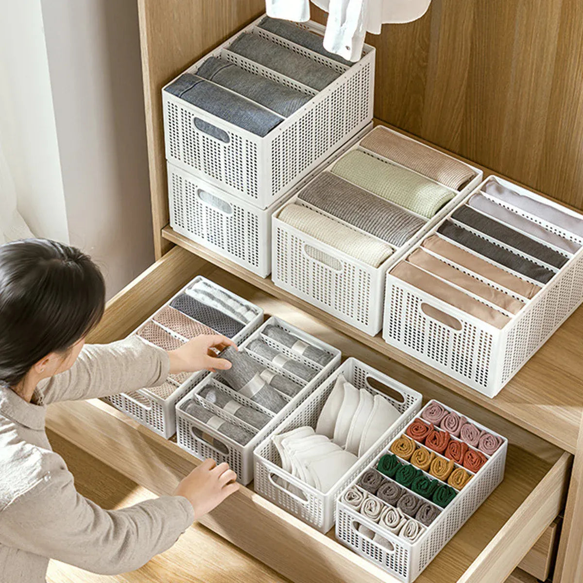 Collapsible Storage Basket with Layered Dividers Durable Plastic Foldable - XL