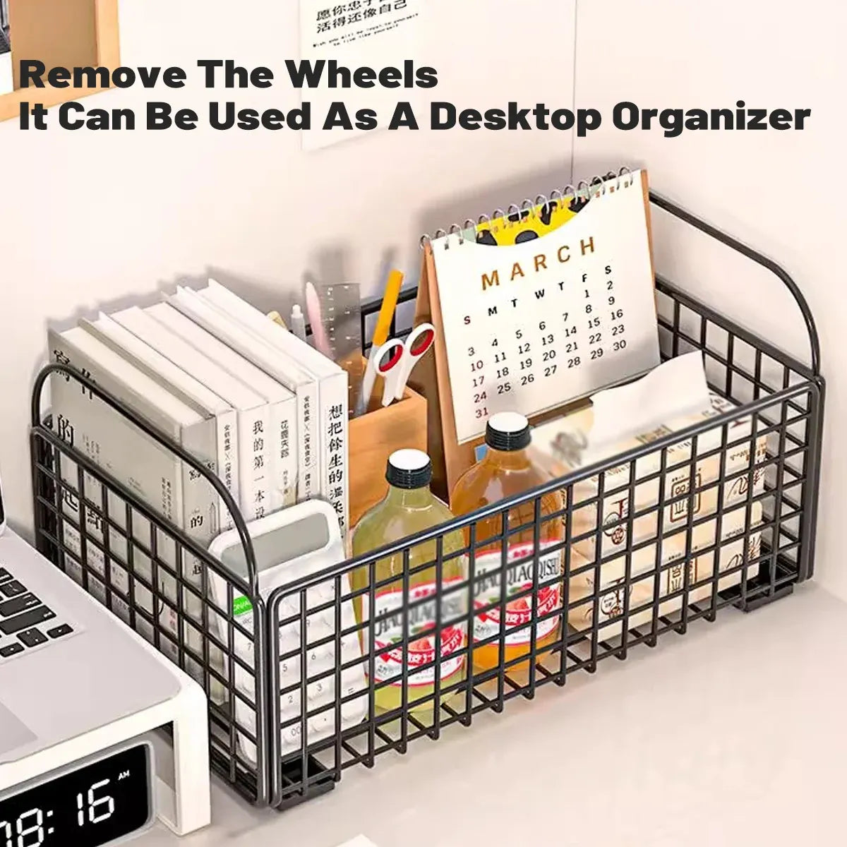 Under-Table Movable Storage Rack with Wheels for Office Home Kitchen Durable