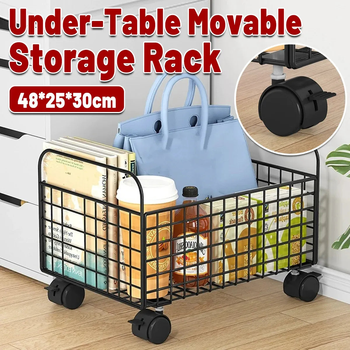 Under-Table Movable Storage Rack with Wheels for Office Home Kitchen Durable