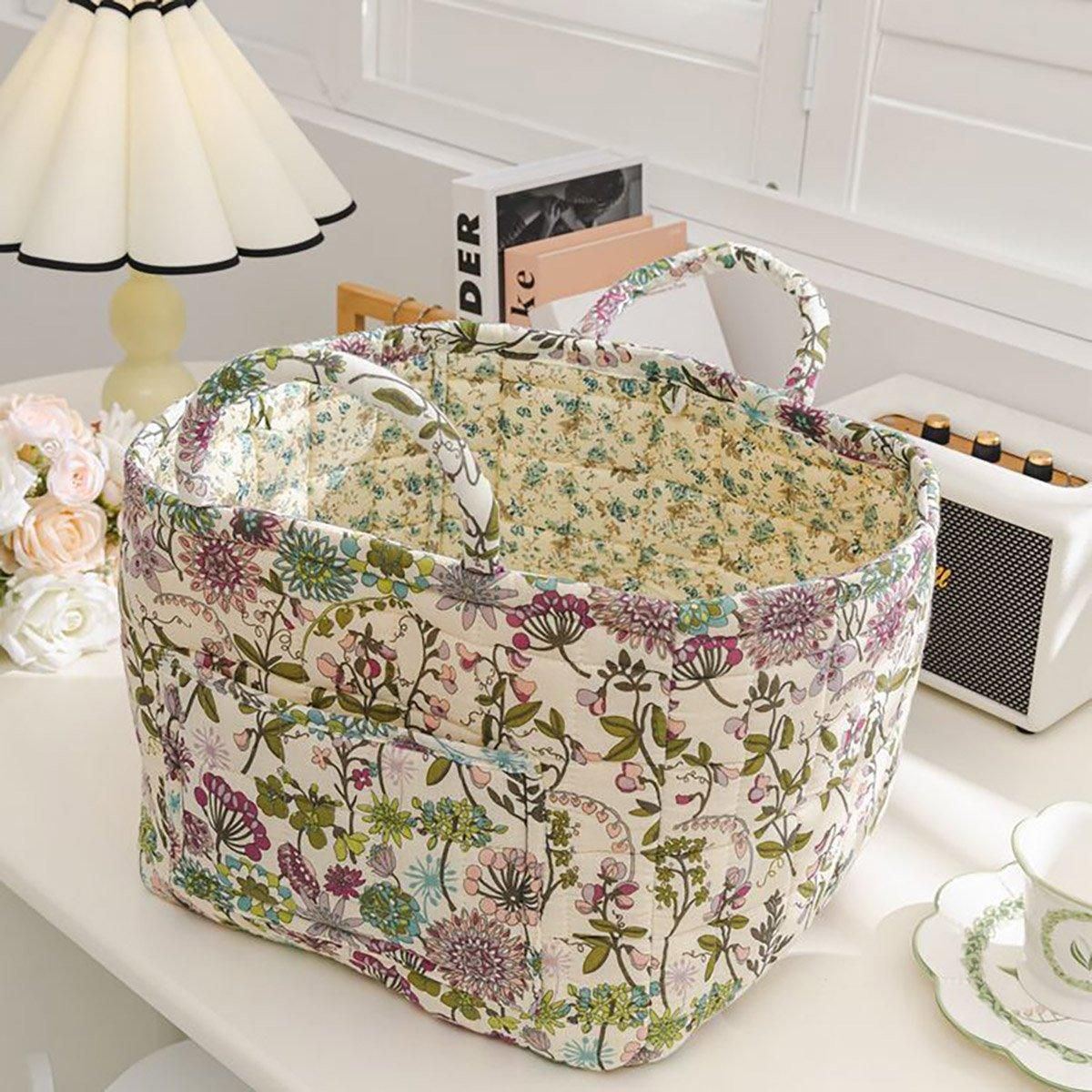Portable Fabric Storage Basket Korean Pastoral Style Organizer for Home Sundries - Floral2
