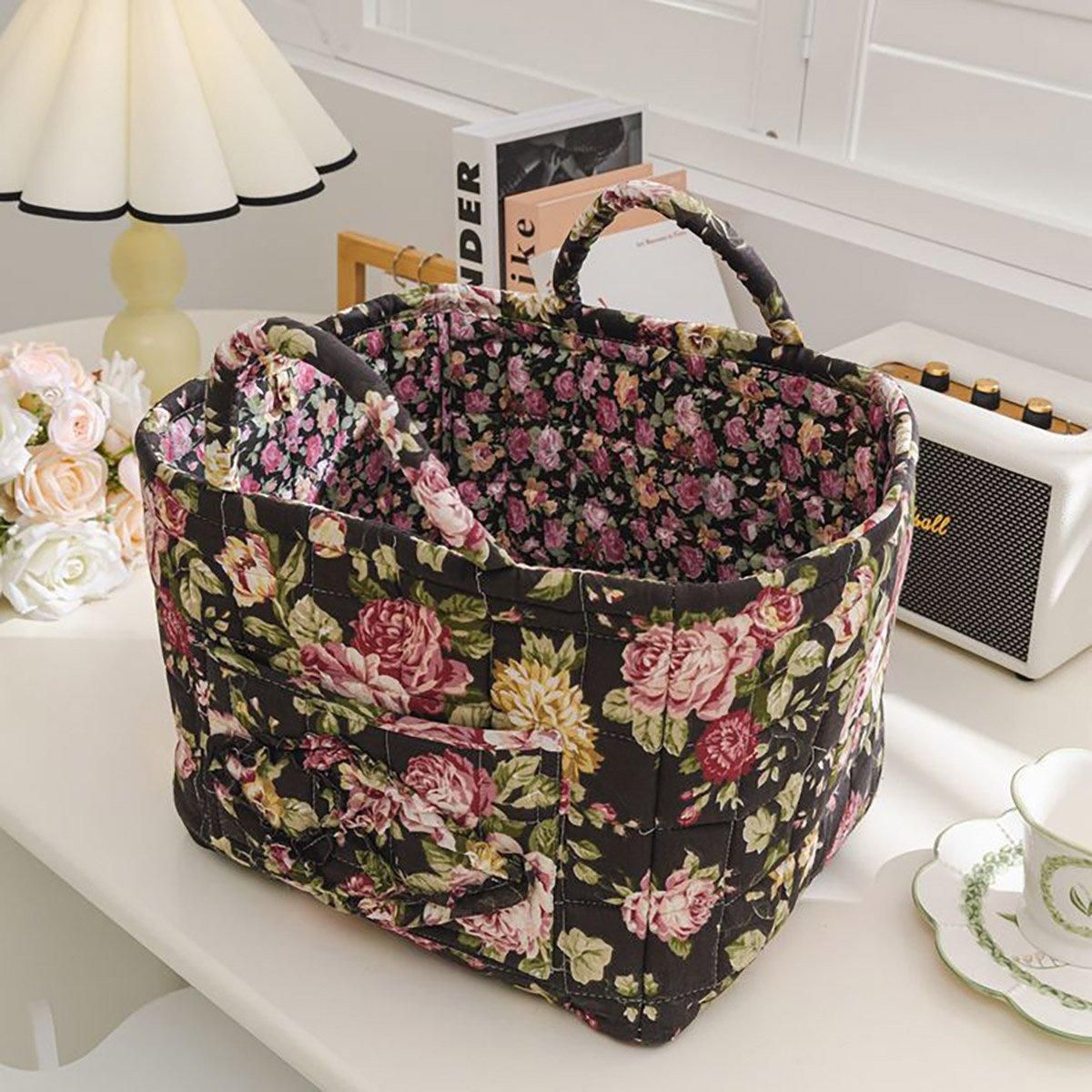 Portable Fabric Storage Basket Korean Pastoral Style Organizer for Home Sundries - Floral2