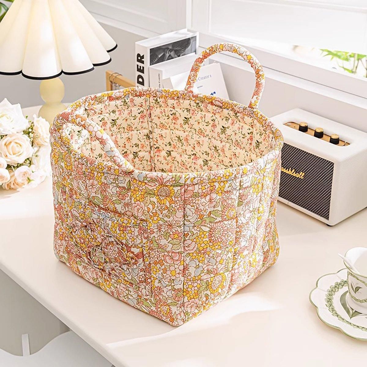 Portable Fabric Storage Basket Korean Pastoral Style Organizer for Home Sundries - Floral2