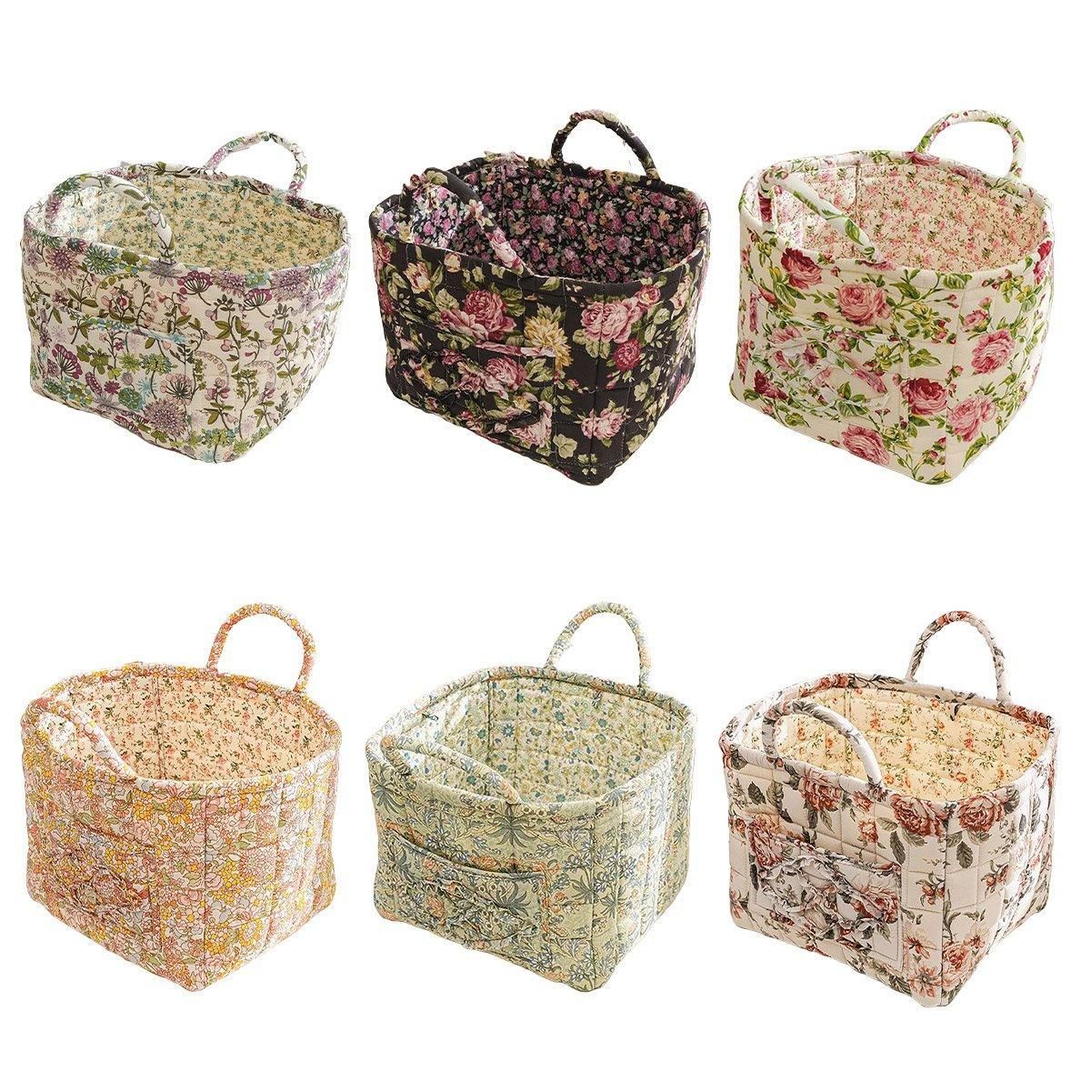Portable Fabric Storage Basket Korean Pastoral Style Organizer for Home Sundries - Floral4