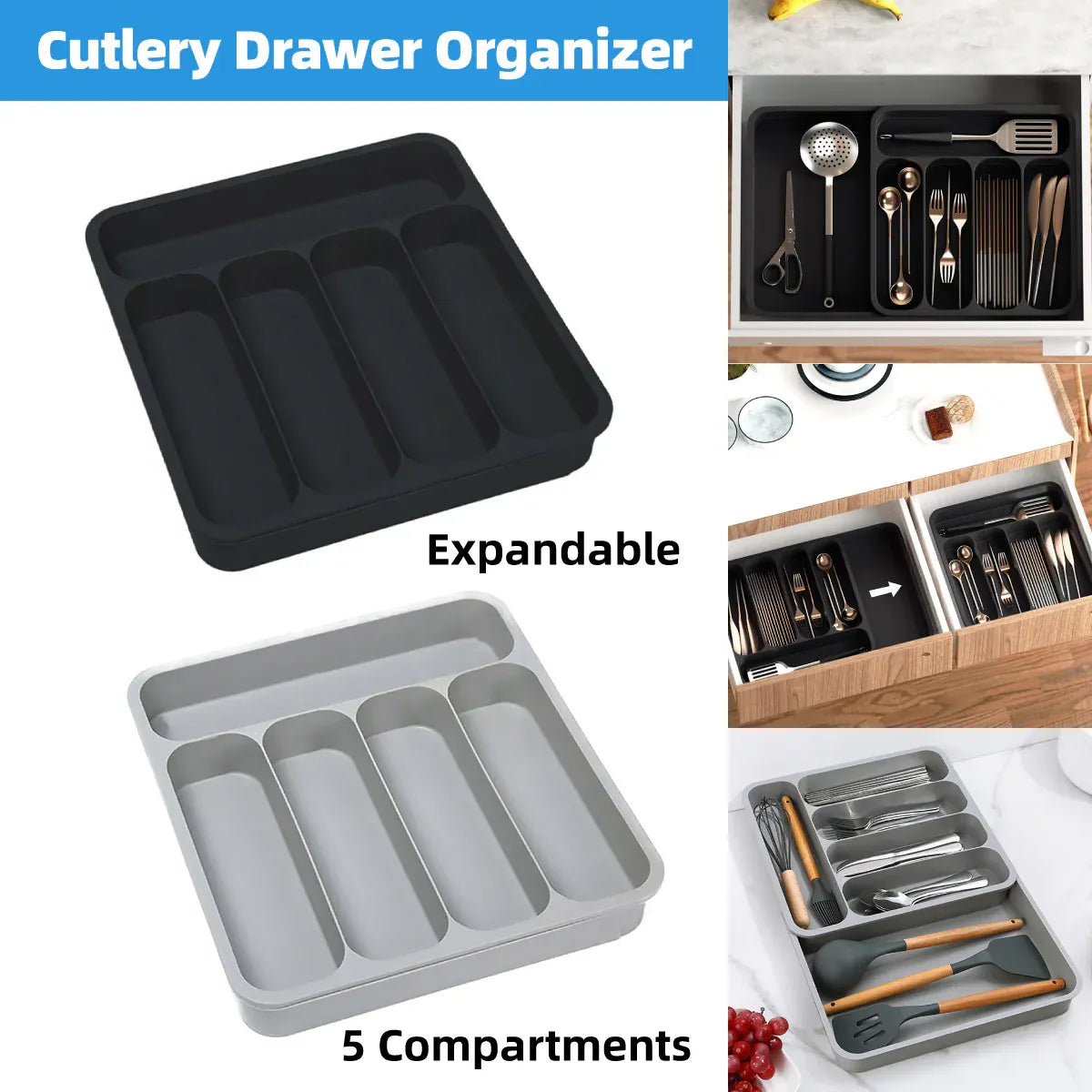 Expandable Cutlery Drawer Organizer Adjustable 6 Slot Kitchen Utensil Tray - Grey