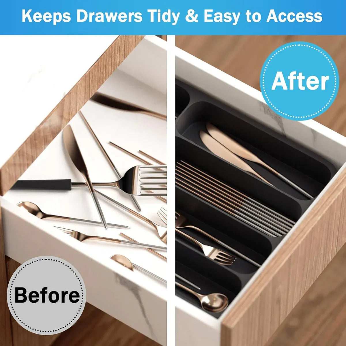 Expandable Cutlery Drawer Organizer Adjustable 6 Slot Kitchen Utensil Tray - Grey