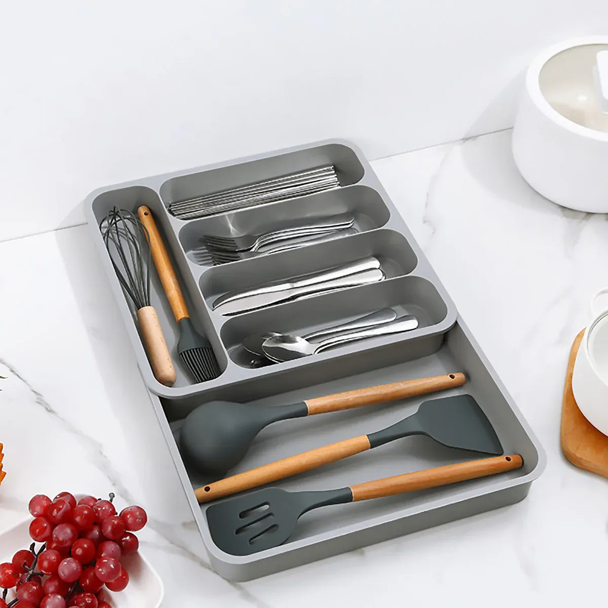 Expandable Cutlery Drawer Organizer Adjustable 6 Slot Kitchen Utensil Tray - Grey