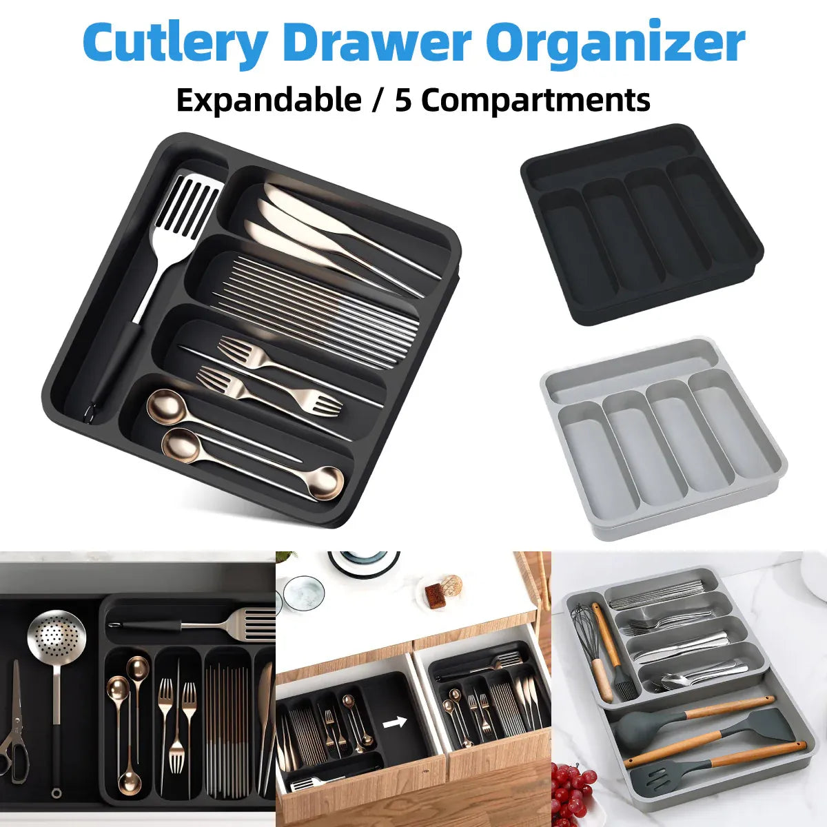Expandable Cutlery Drawer Organizer Adjustable 6 Slot Kitchen Utensil Tray - Grey