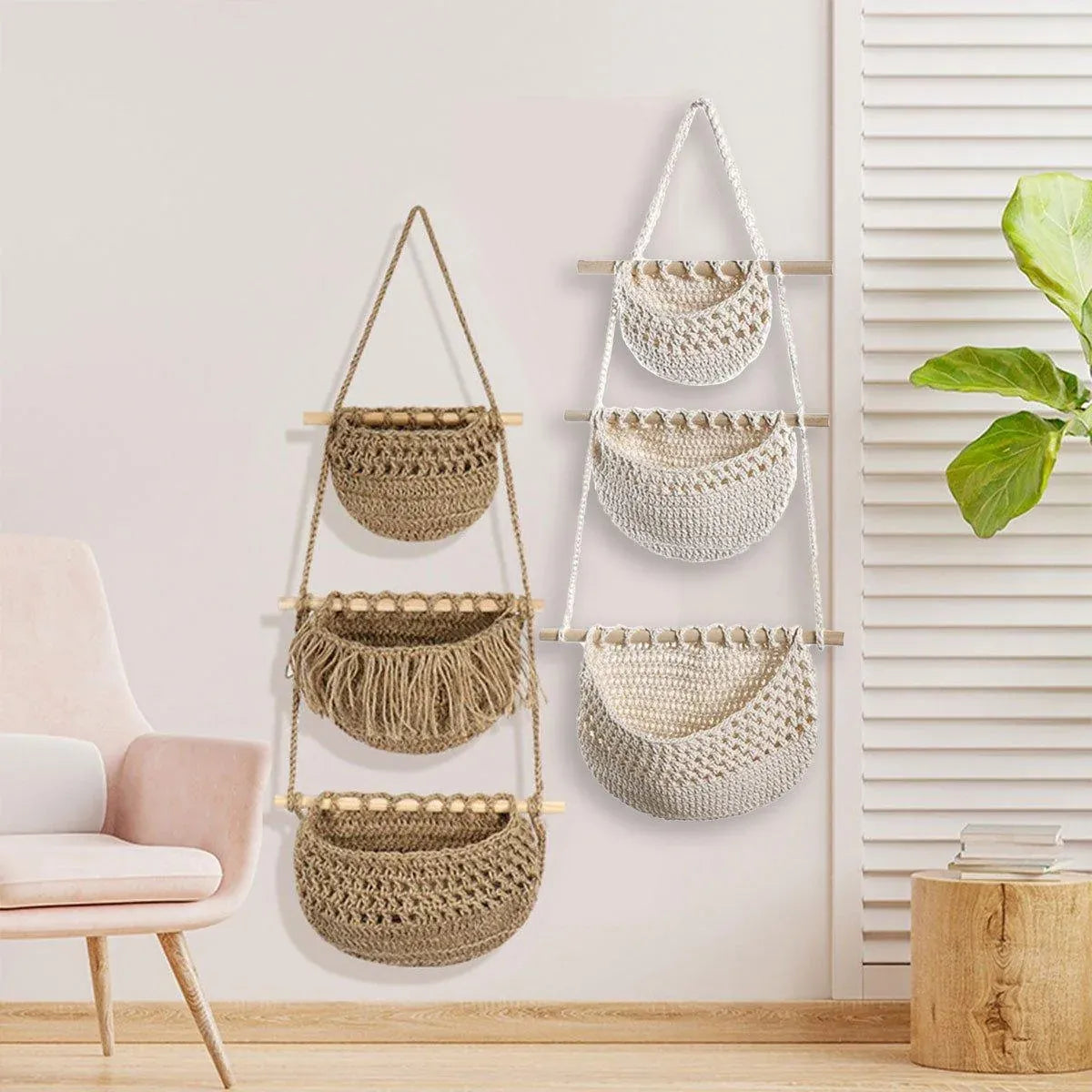 Three Layer Cotton Rope Wall Hanging Basket Door Storage Rack Organizer Bag - Brown