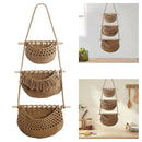 Three Layer Cotton Rope Wall Hanging Basket Door Storage Rack Organizer Bag - Brown