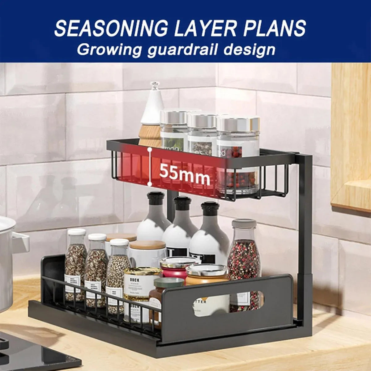 Under Sink Storage Rack Kitchen Cabinet Organizer Adjustable Shelving Unit Home - Black