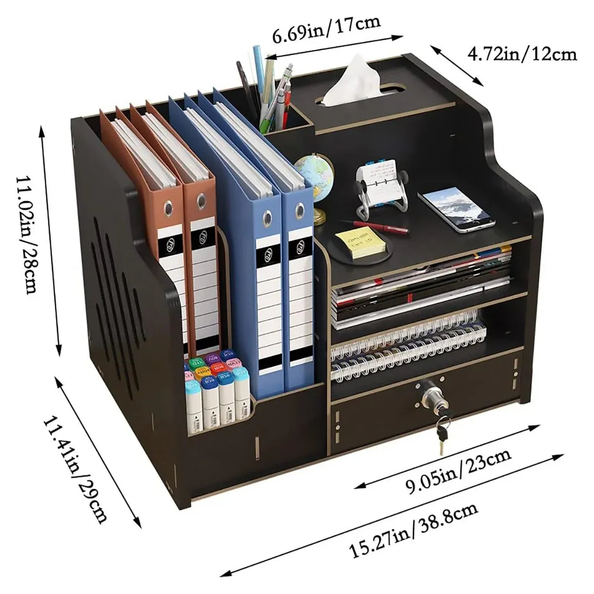 Wooden Desktop Storage Box with Locking Drawer Space Saving for Home Office Use - White