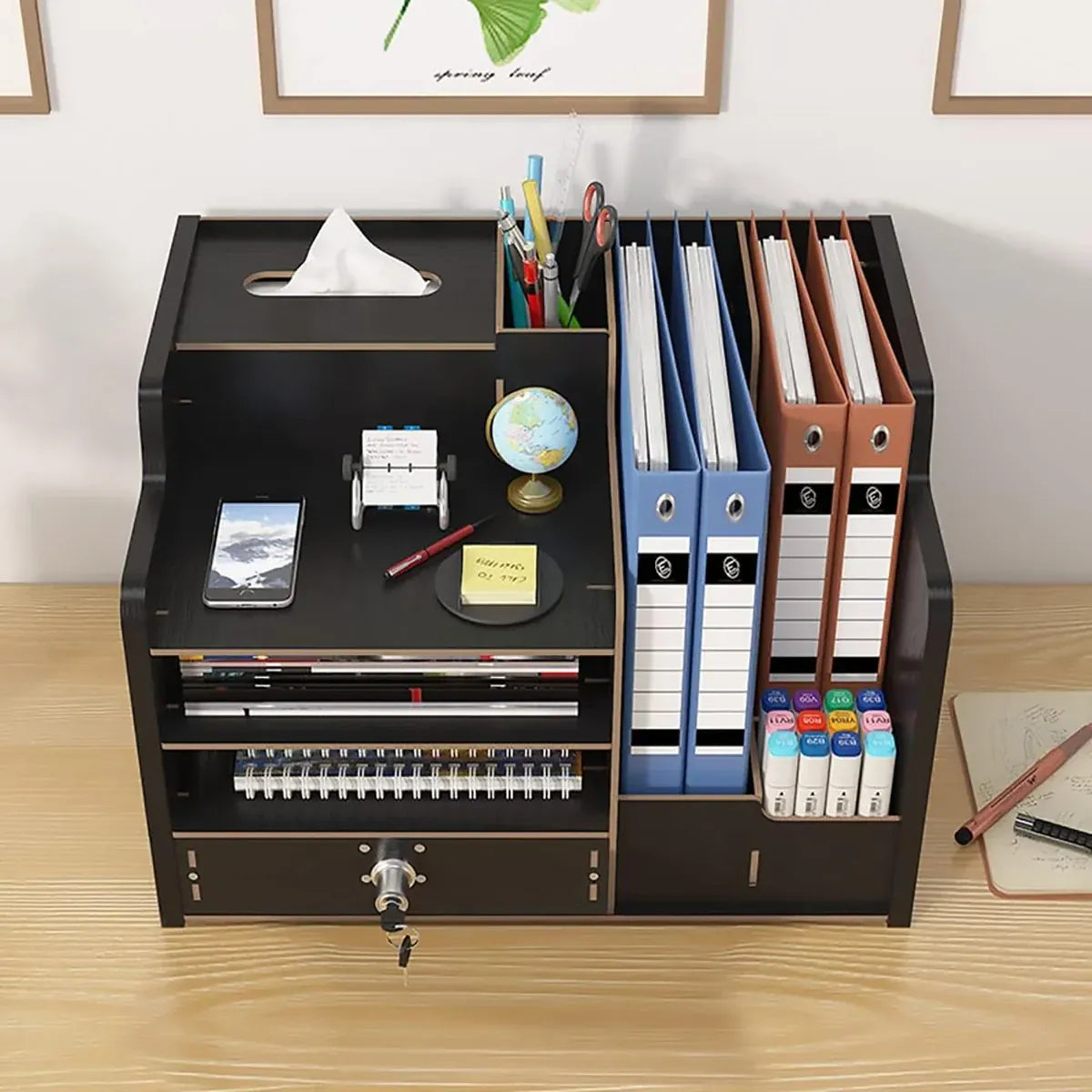 Wooden Desktop Storage Box with Locking Drawer Space Saving for Home Office Use - White