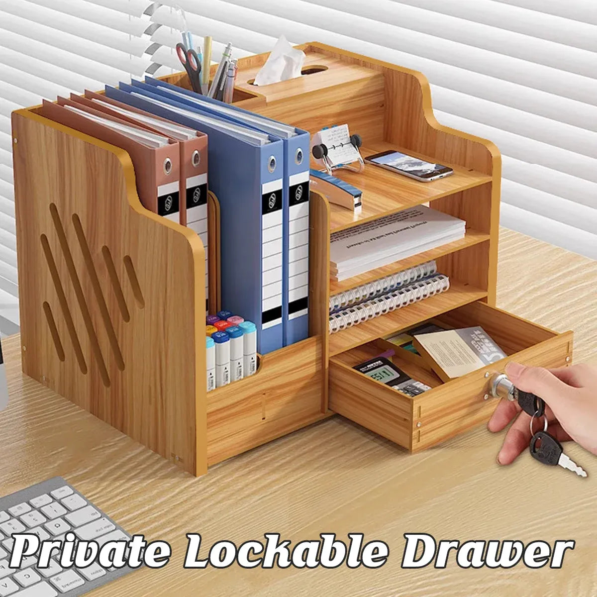Wooden Desktop Storage Box with Locking Drawer Space Saving for Home Office Use - White