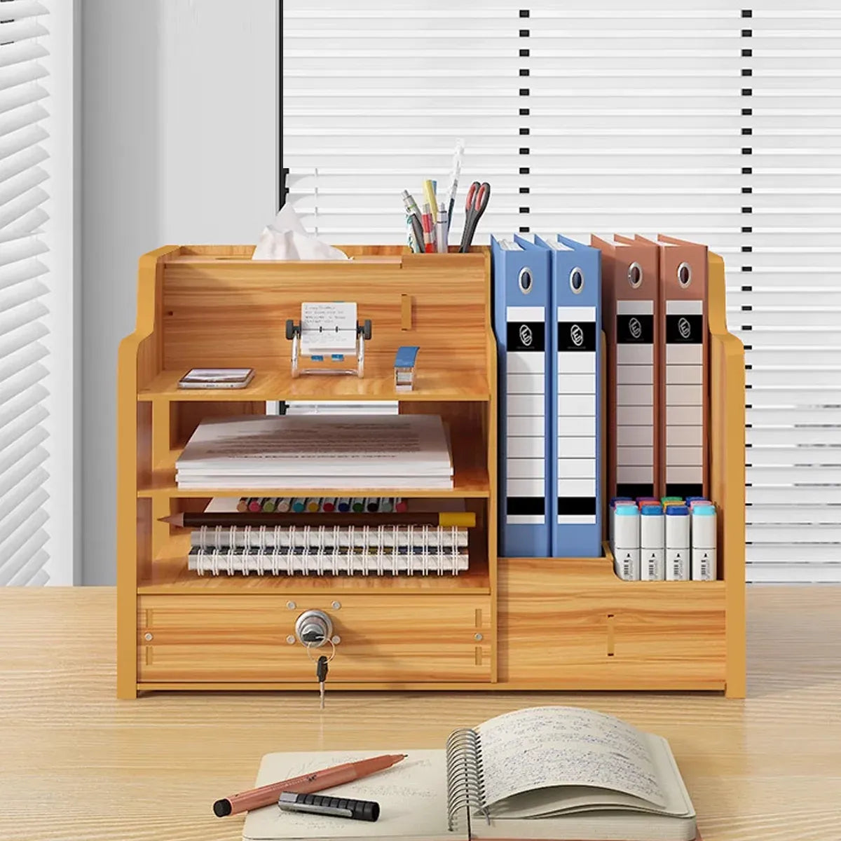 Wooden Desktop Storage Box with Locking Drawer Space Saving for Home Office Use - White