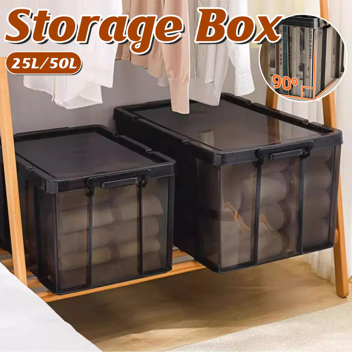 Plastic Storage Box 25L 50L Stackable Clear Front Clothes Organiser With Lid - 43x29x24.5cm