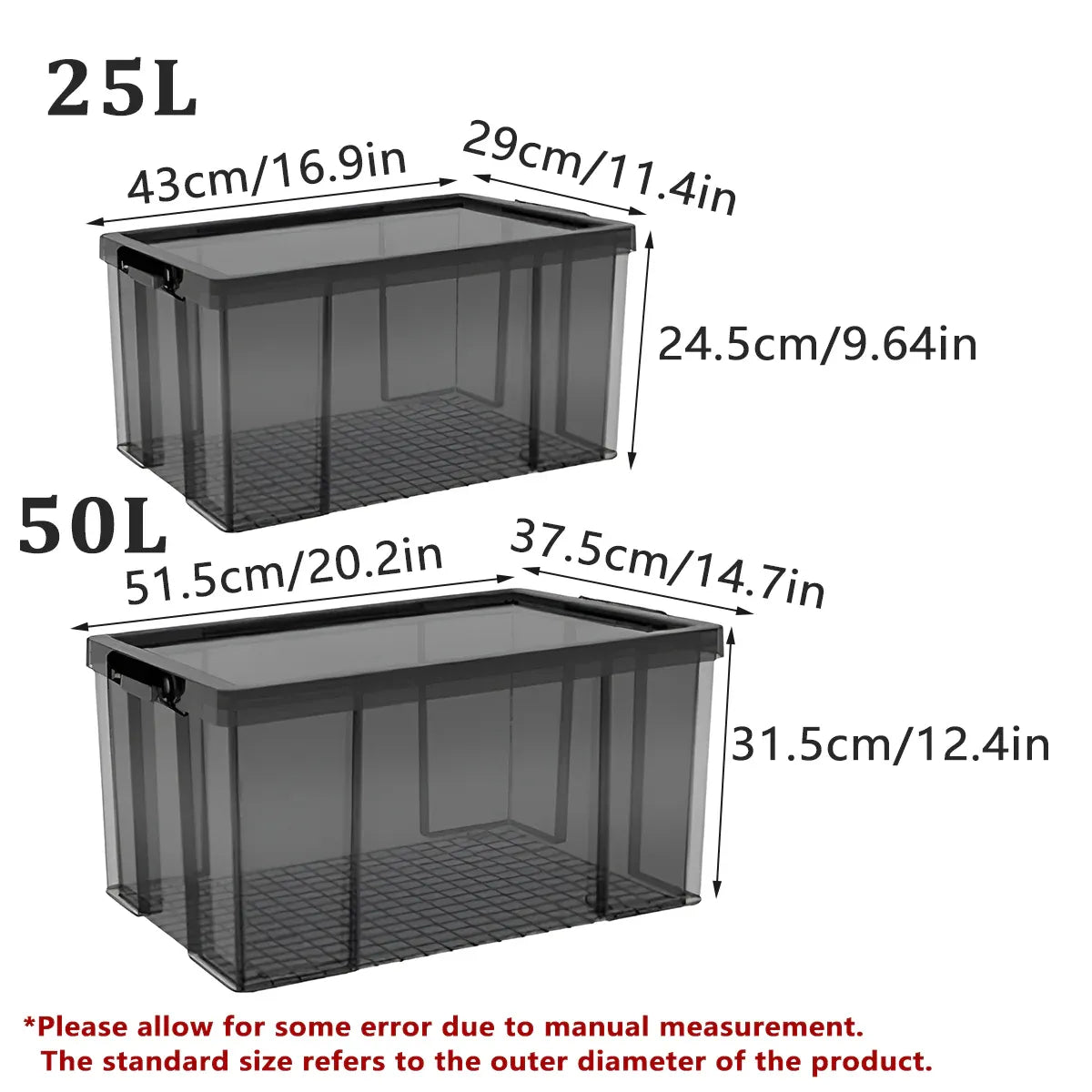 Plastic Storage Box 25L 50L Stackable Clear Front Clothes Organiser With Lid - 43x29x24.5cm