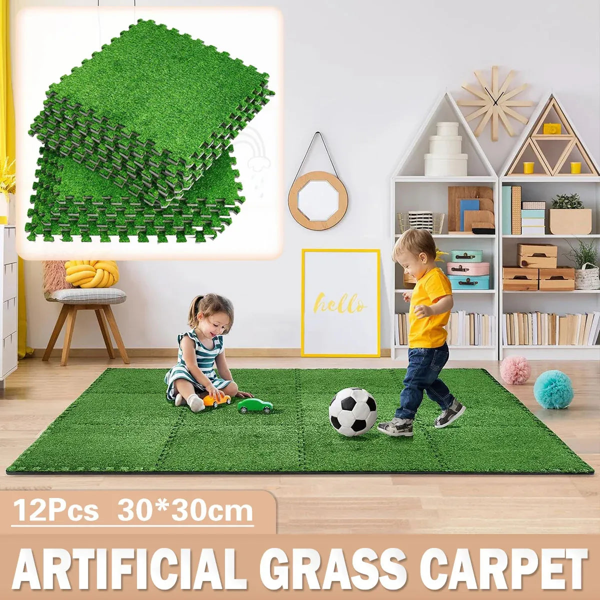 Artificial Grass Mat 12PCS Turf Floor Carpet Green Interlocking Tiles For Garden