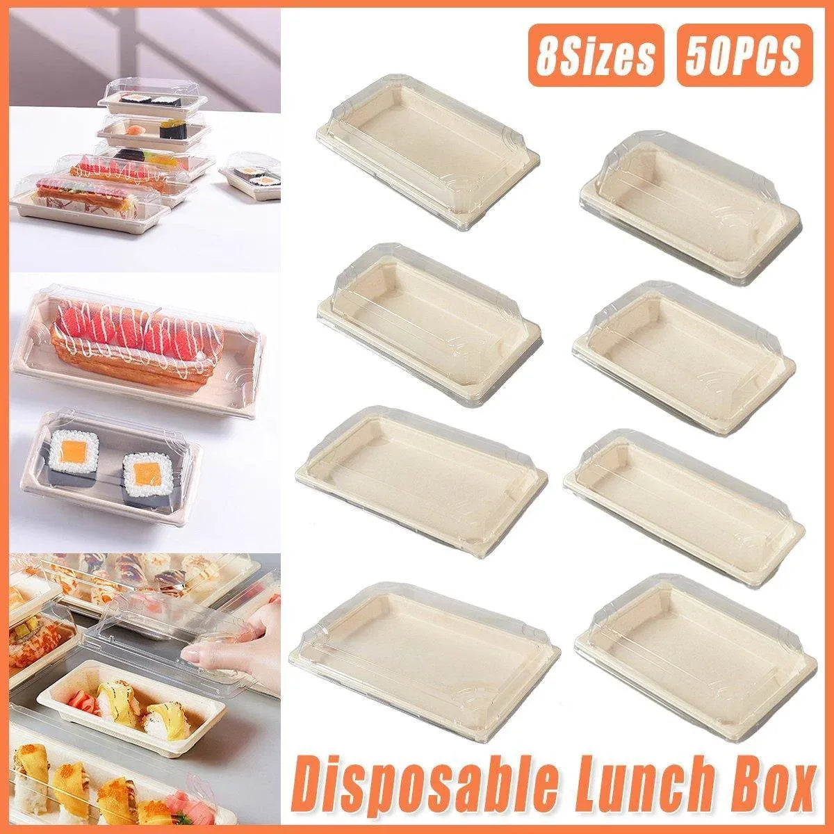 50pcs Eco-Friendly Sushi Box Rectangular Biodegradable Lunch Packaging Plate - 16 cm x 9 cm x 4.5 cm