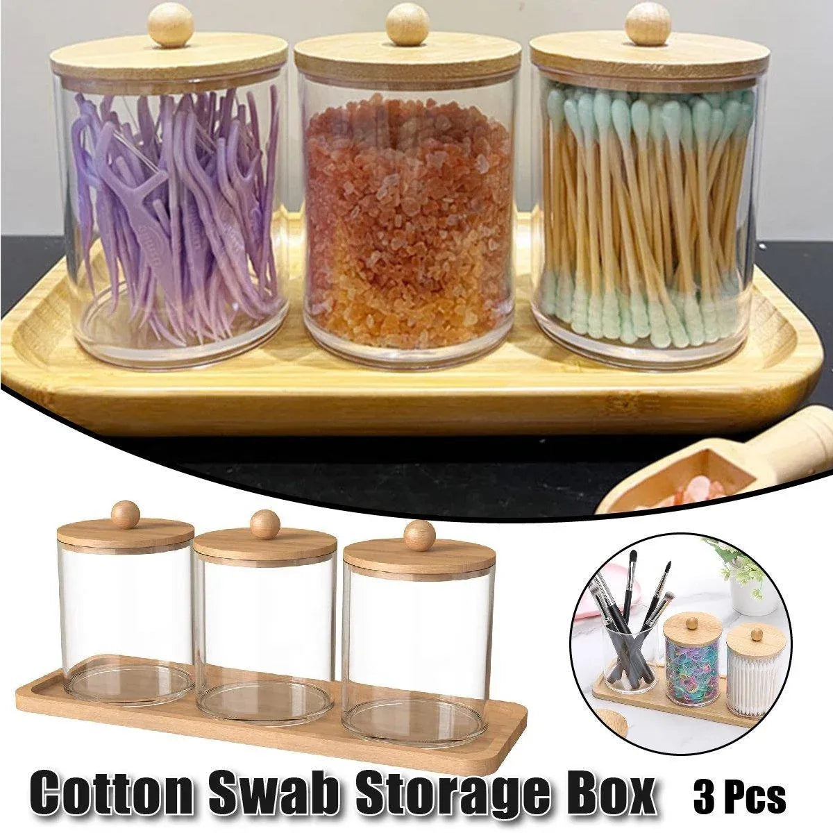 3pcs/set Cotton Swab Holder with Vanity Tray Clear Apothecary Jar Wood Lids