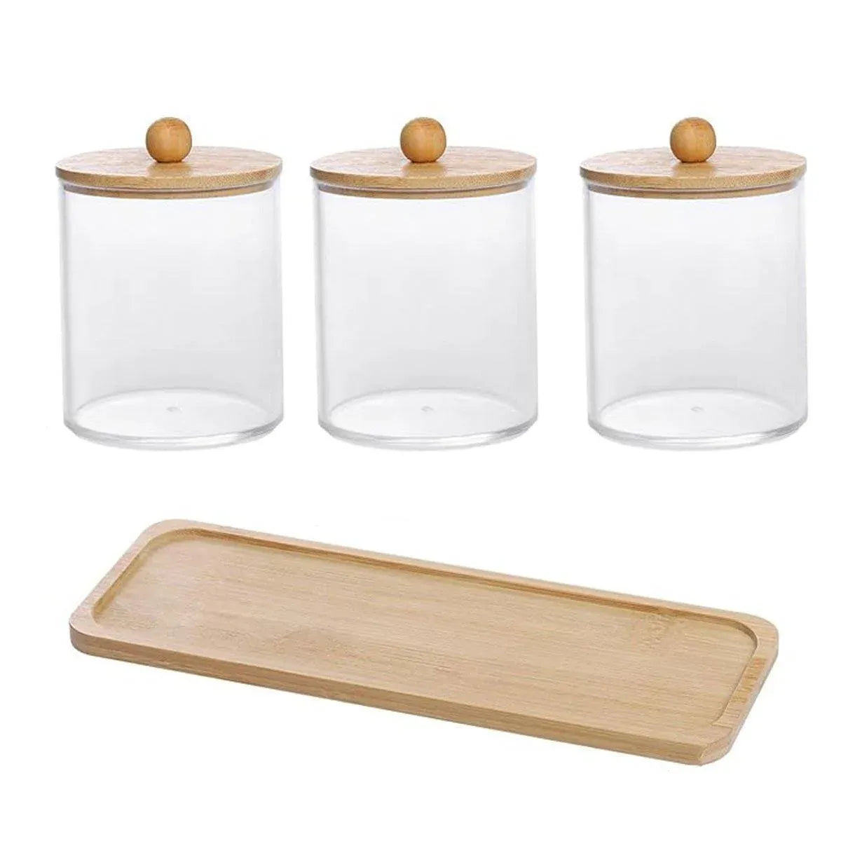 3pcs/set Cotton Swab Holder with Vanity Tray Clear Apothecary Jar Wood Lids