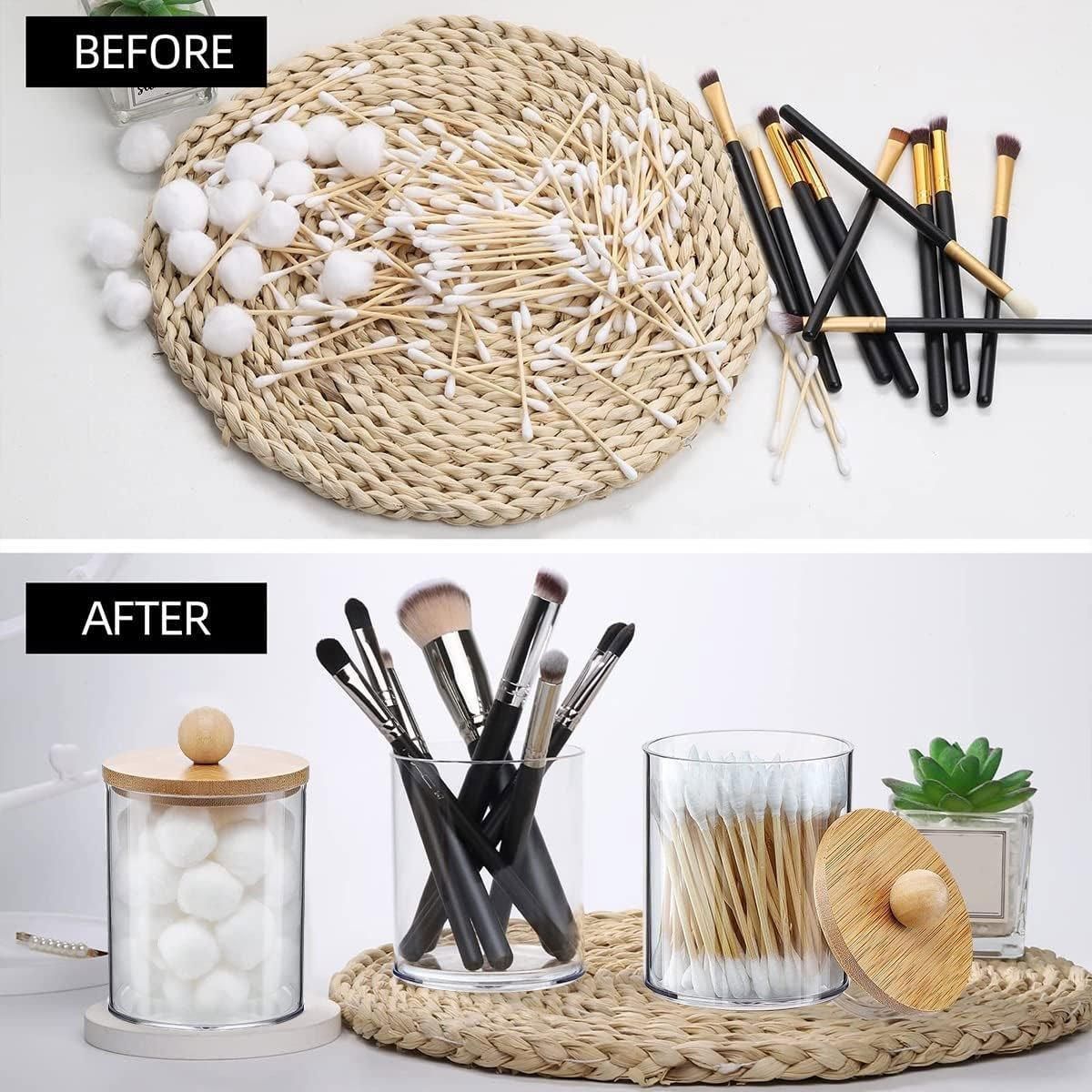 3pcs/set Cotton Swab Holder with Vanity Tray Clear Apothecary Jar Wood Lids