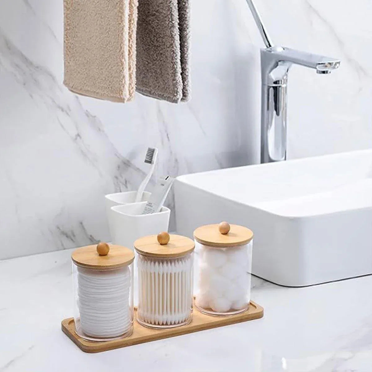3pcs/set Cotton Swab Holder with Vanity Tray Clear Apothecary Jar Wood Lids