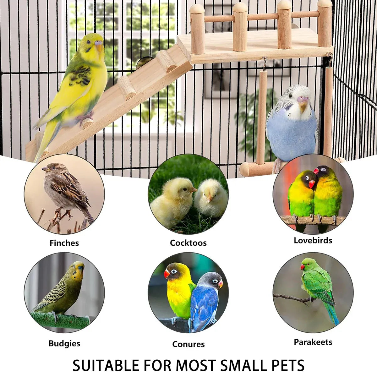 Wooden Parrot Platform Ladder Swing Toy 3 Piece Set Natural Wood Non Toxic