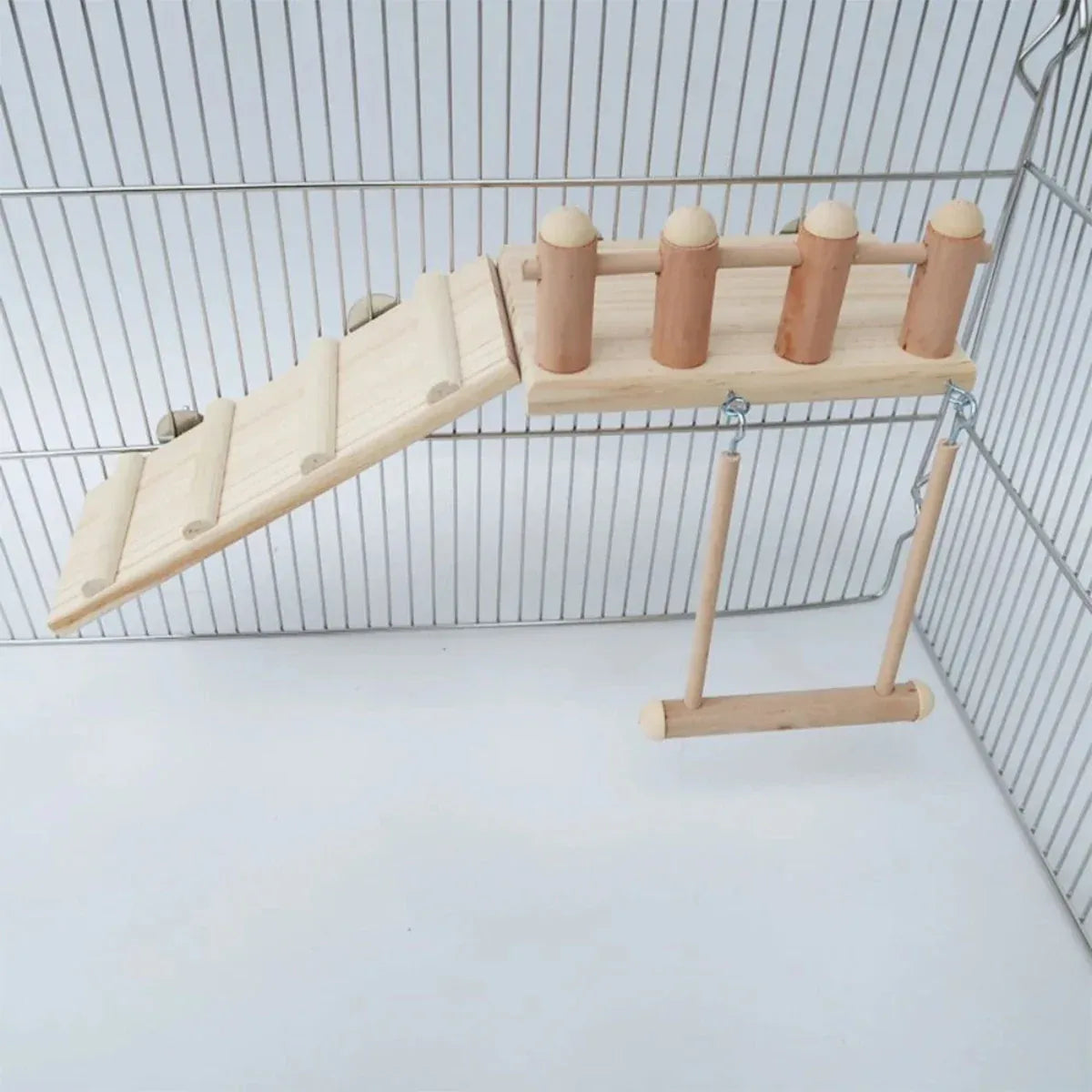 Wooden Parrot Platform Ladder Swing Toy 3 Piece Set Natural Wood Non Toxic