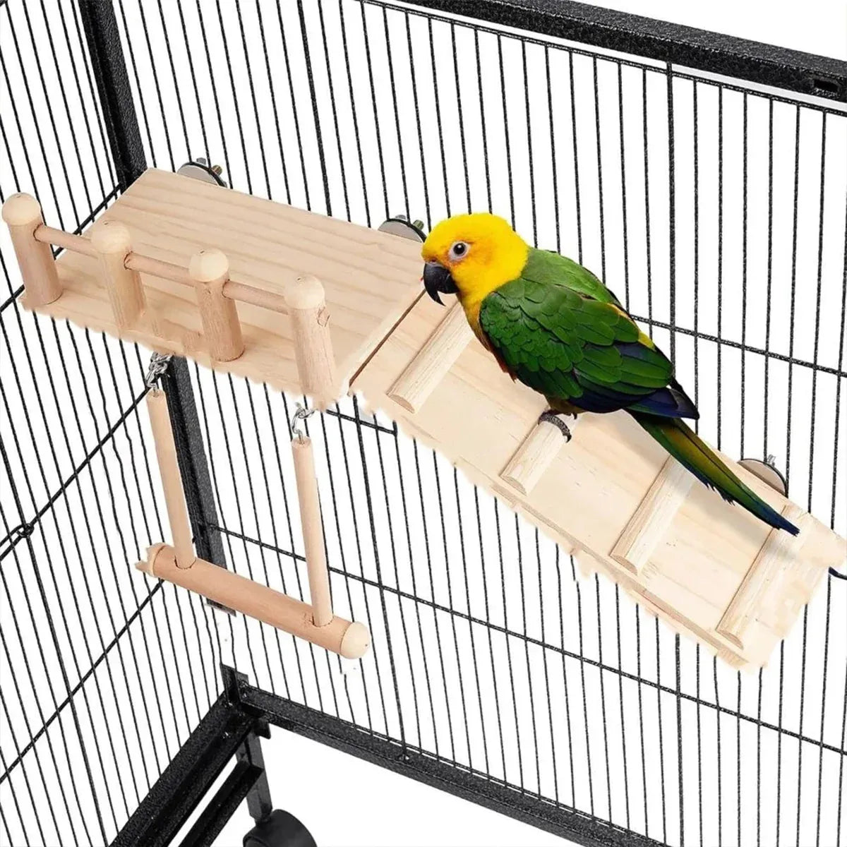 Wooden Parrot Platform Ladder Swing Toy 3 Piece Set Natural Wood Non Toxic