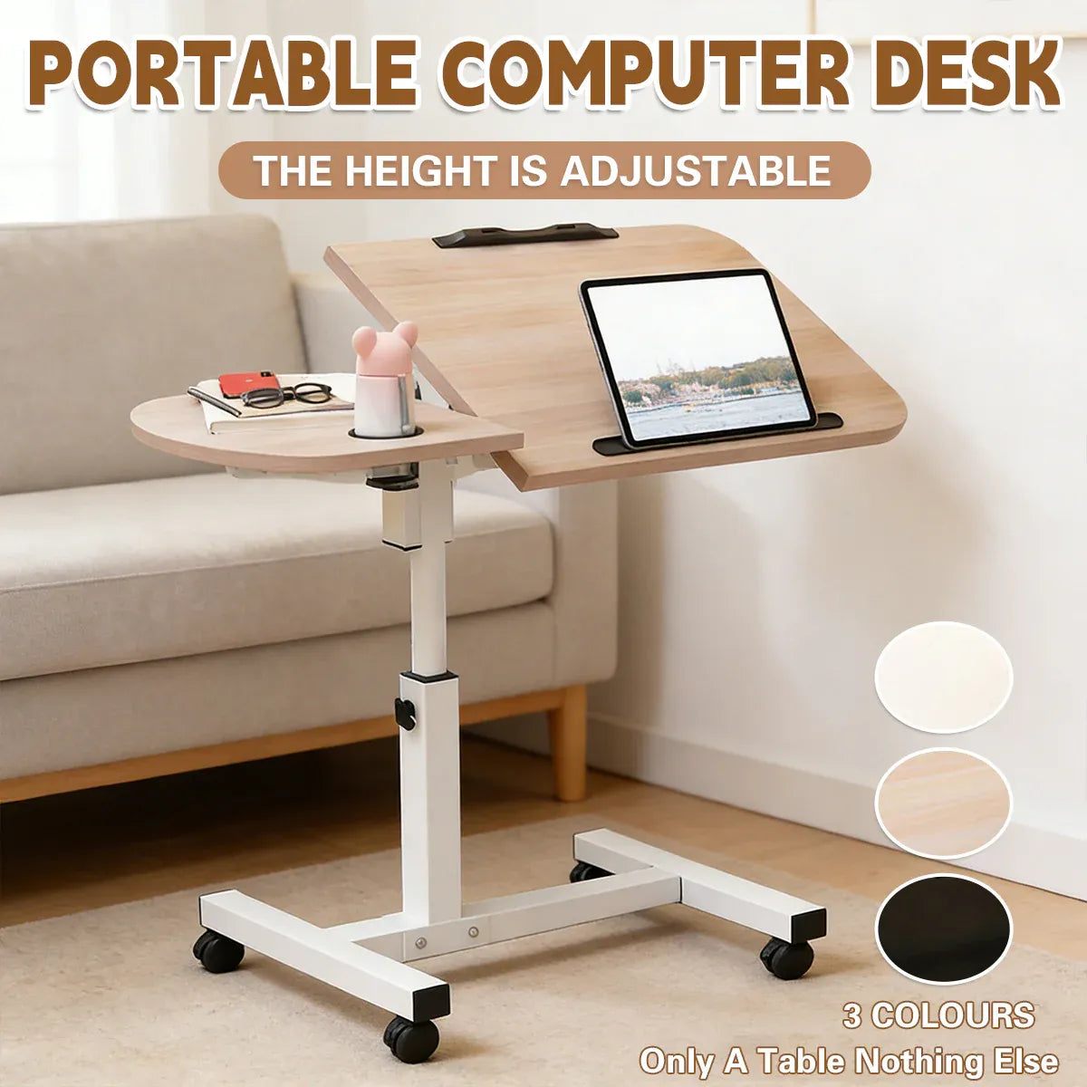 Portable Adjustable Height Laptop Desk Stand Mobile Table For Bed Sofa Office - Black