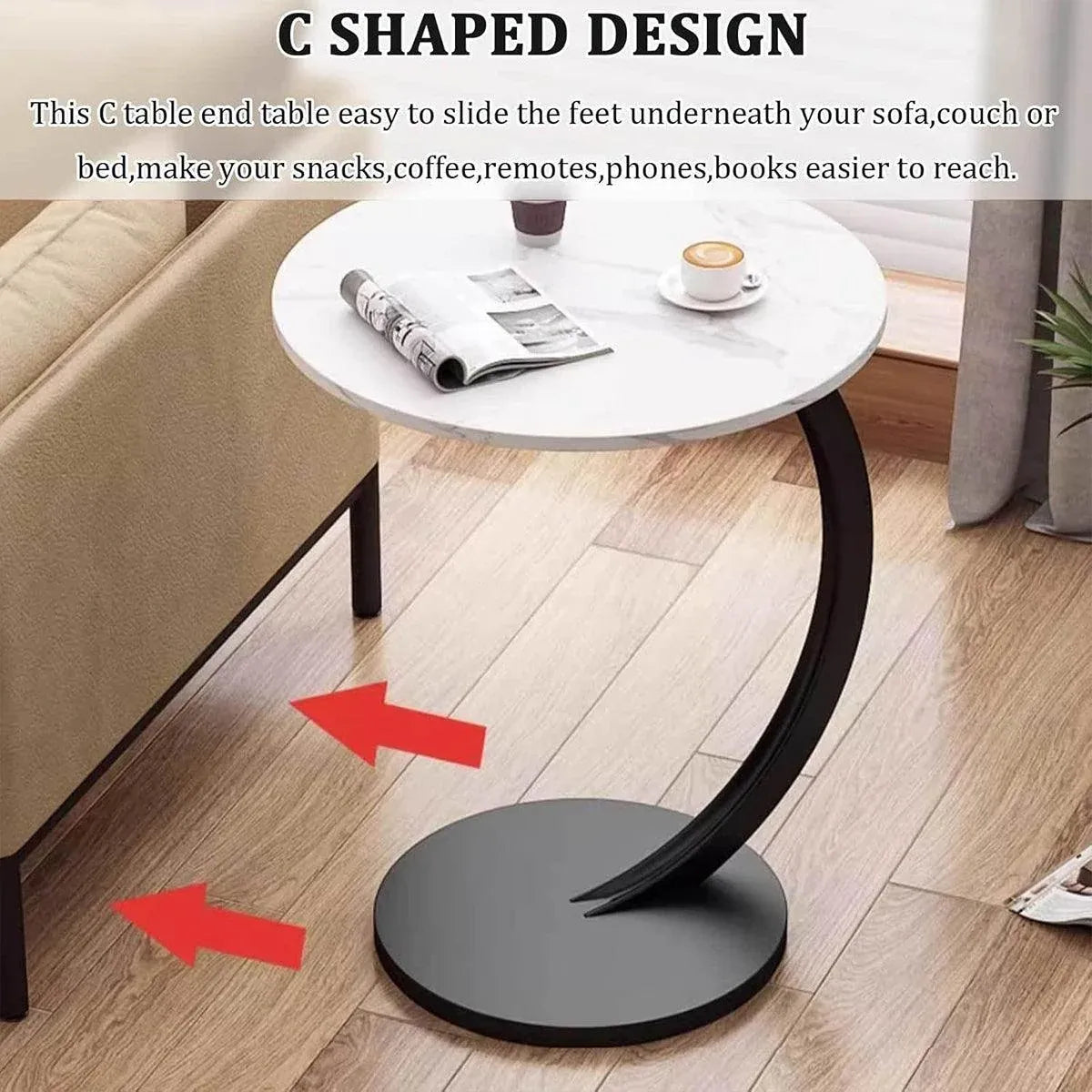 C Shaped Snack Side Table for Sofa Couch Small End Table for Living Room Bedroom - Black-Black
